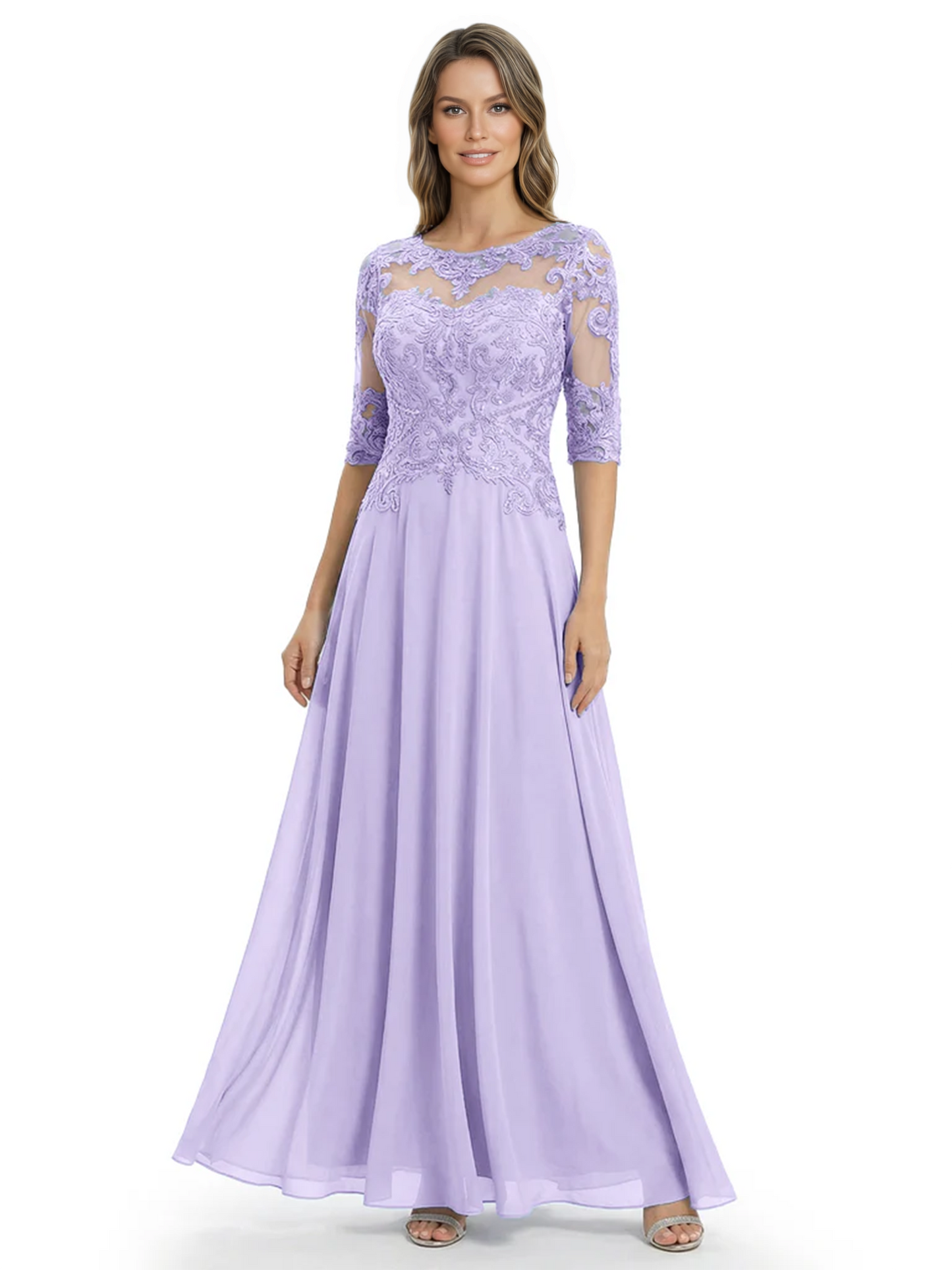Illusion Neck Mother of the Bride Dress Half Sleeve Lace Applique Gowns Chiffon