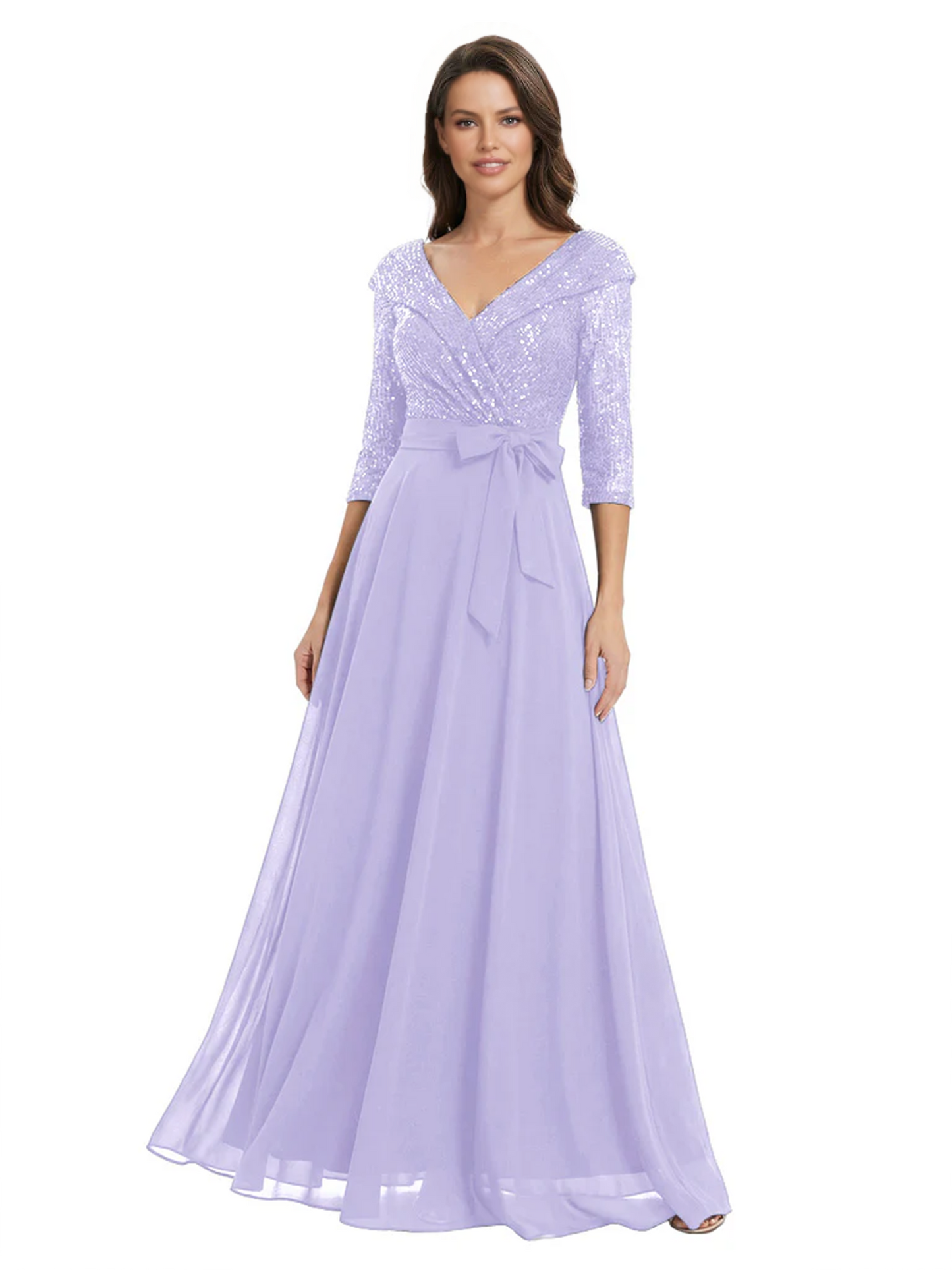 Chiffon Mother of the Bride Dress with Sequin V-Neck and Elegant Bow Sash