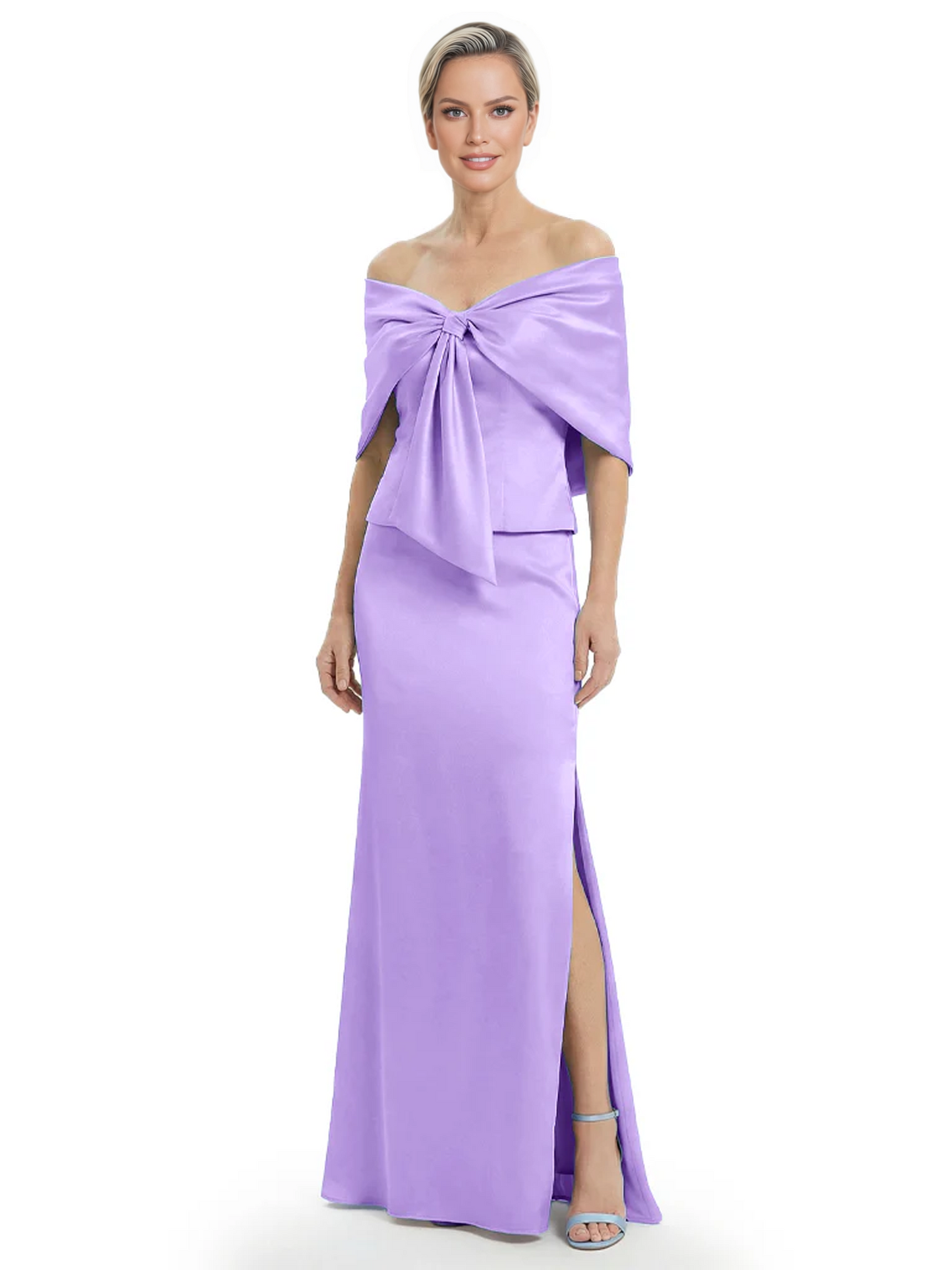 Formal Floor-Length Mother of the Bride Gown Satin Maxi Dress with Bow Neckline