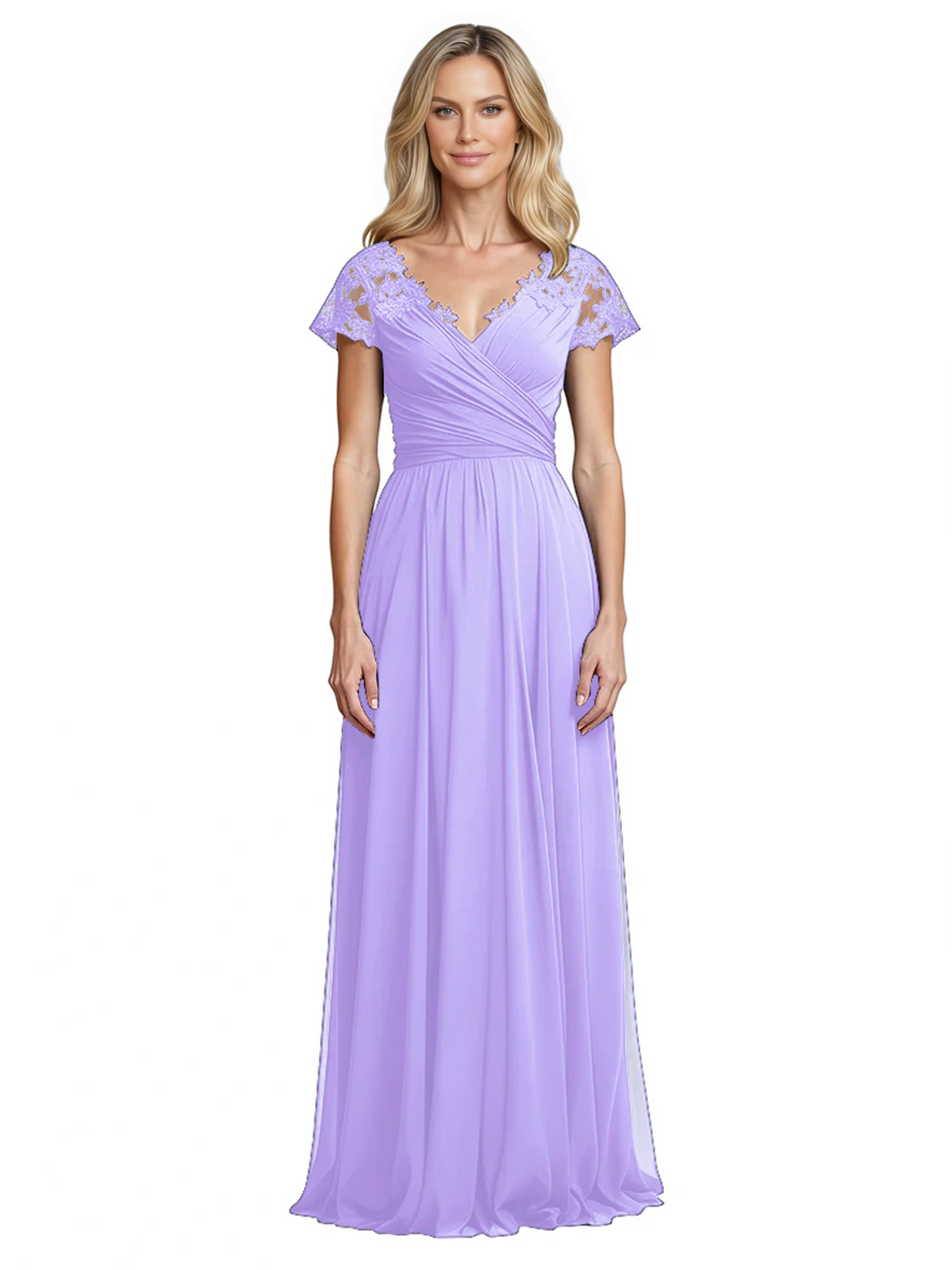 Mother of the Bride Dress Cap Sleeves and V-Neckline with Embroidered Lace Shoulders