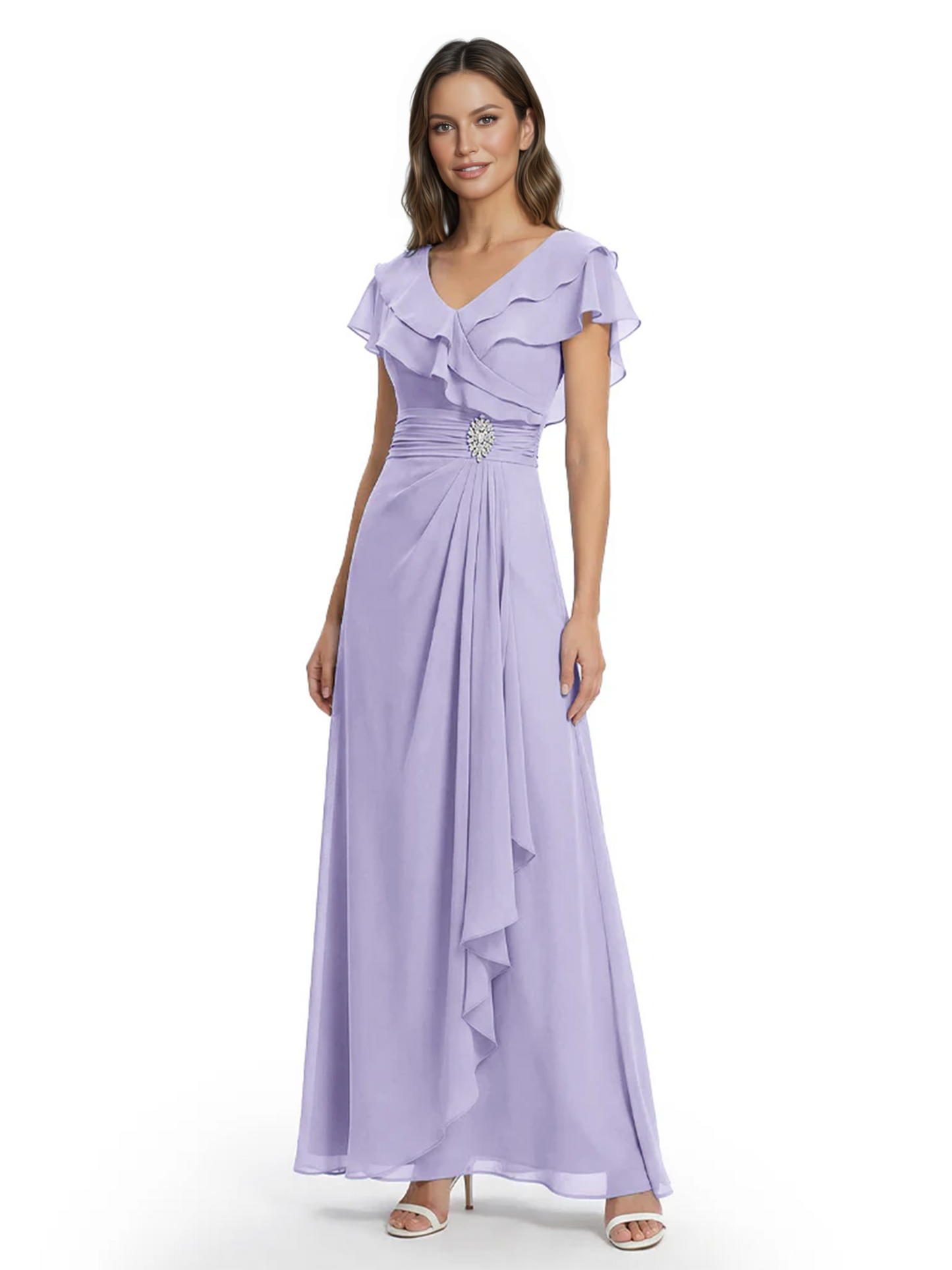 Elegant Mother of the Groom Dress Cascading Ruffle Chiffon Formal Gown Rhinestone