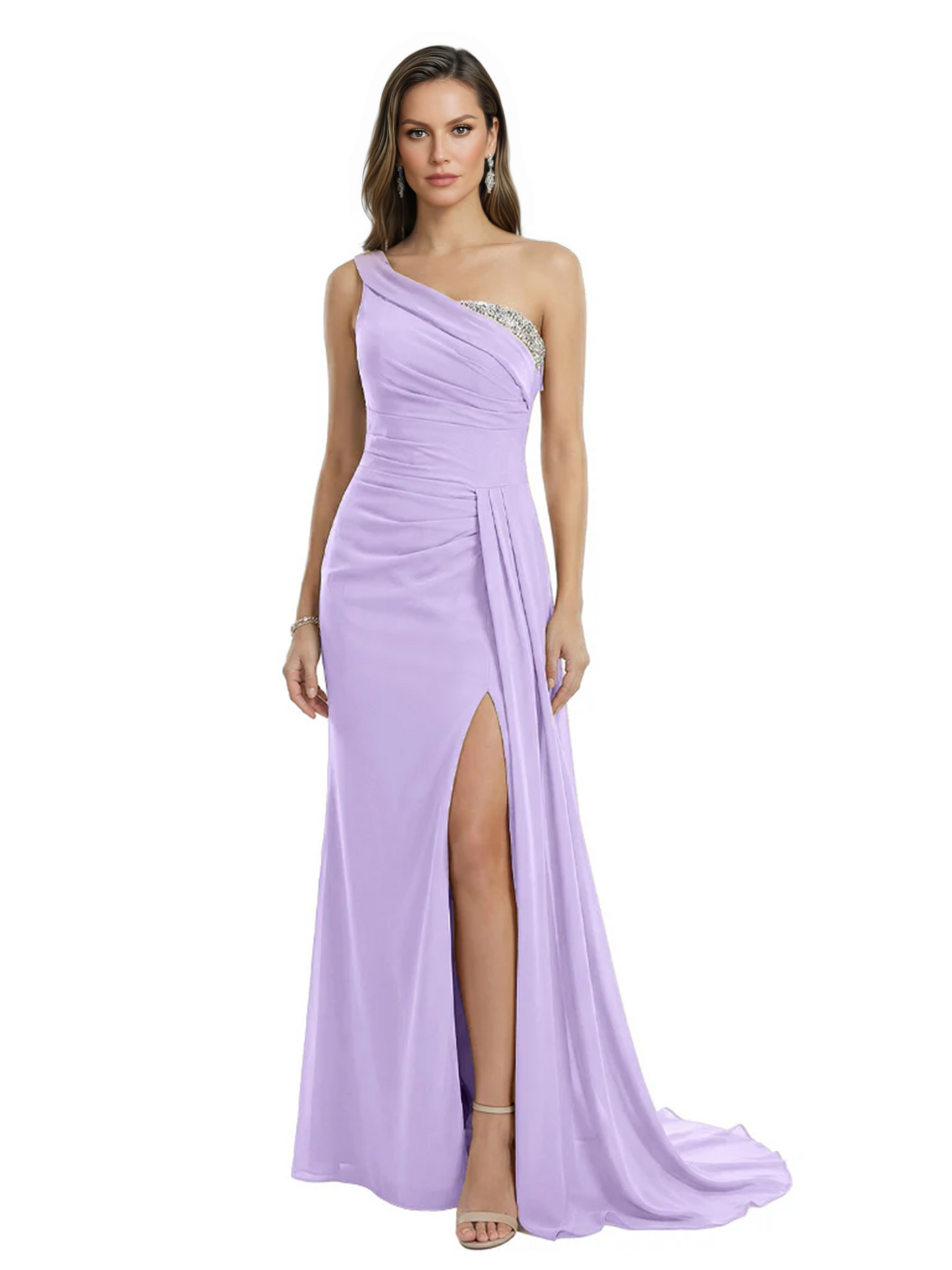 One Shoulder Mother of Bride Dress Ruffle Formal Gowns Mermaid Floor Length Train Slit