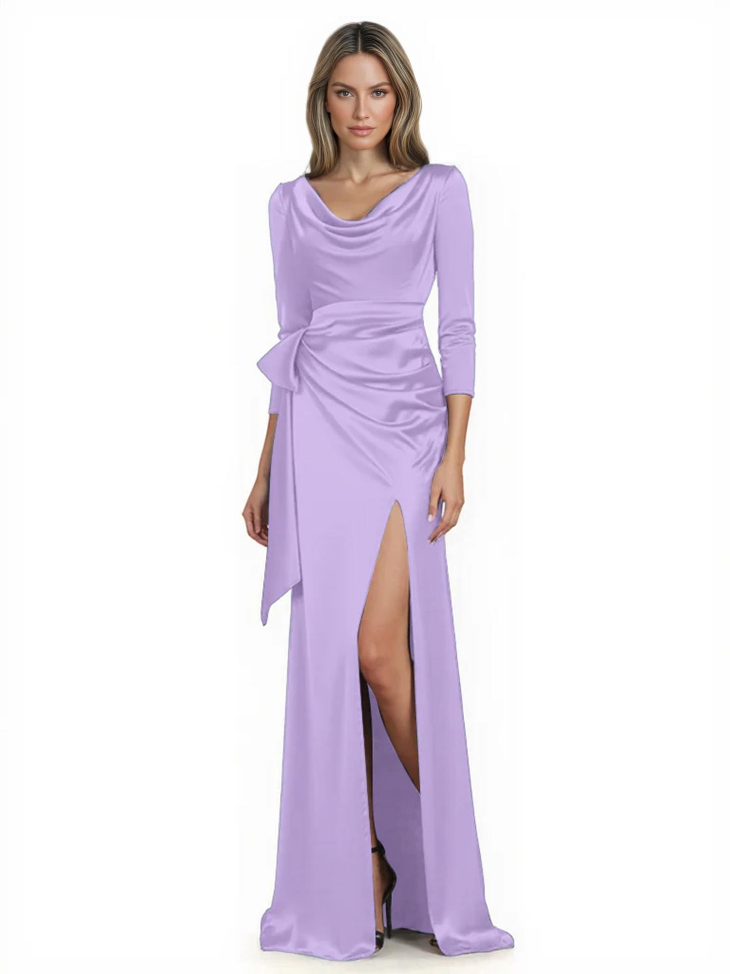 Elegant Evening Gowns Slit Trending Styles Satin Slit Formal Dress Cowl Neckline Gown Tie