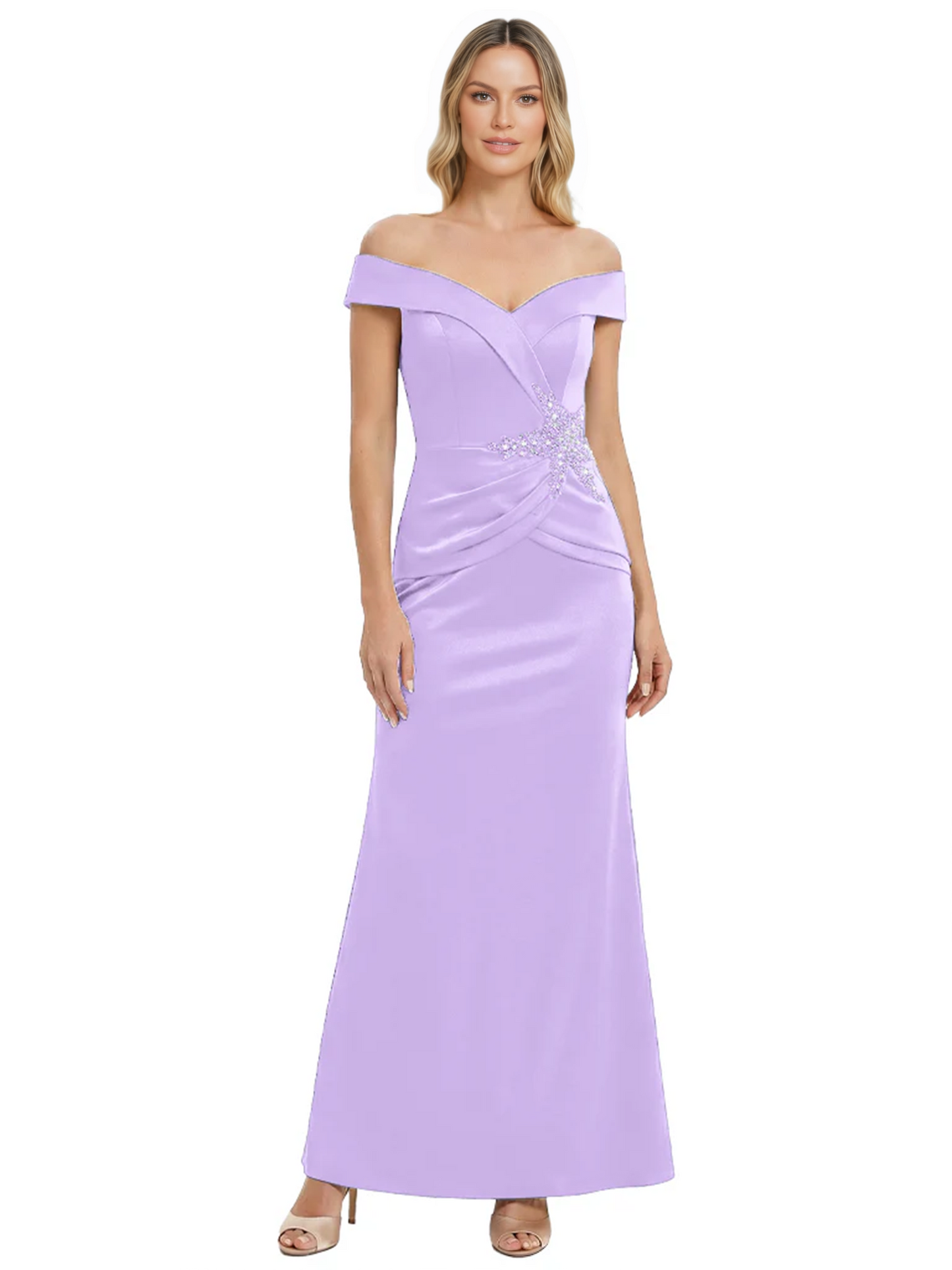 Off Shoulder Mother of the Bride Dress Beaded Waist Satin Gown Portrait Neckline