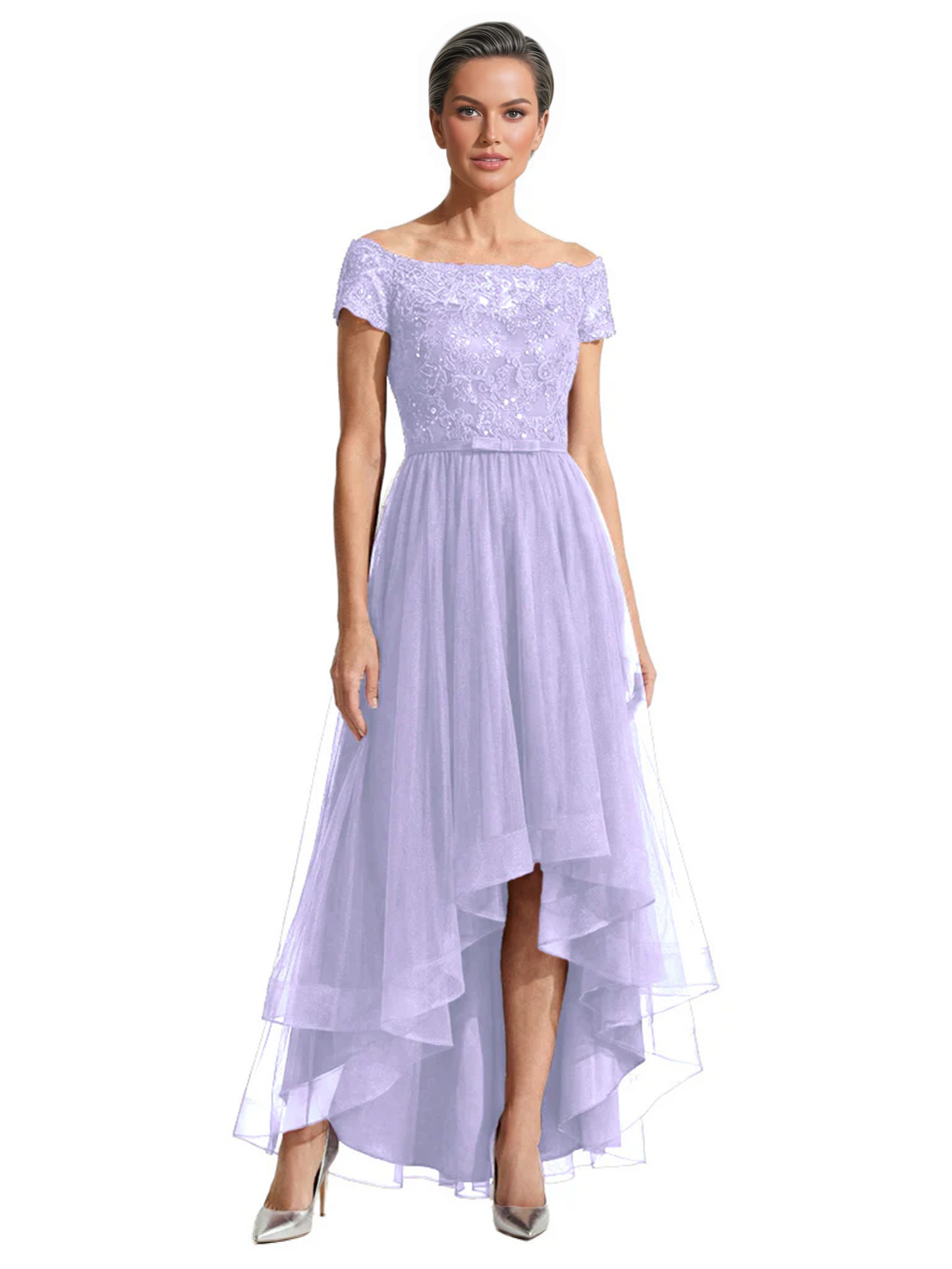 Formal High-Low Mother of the Bride Gown Short Sleeve Lace Maxi Dress with Tiered Skirt