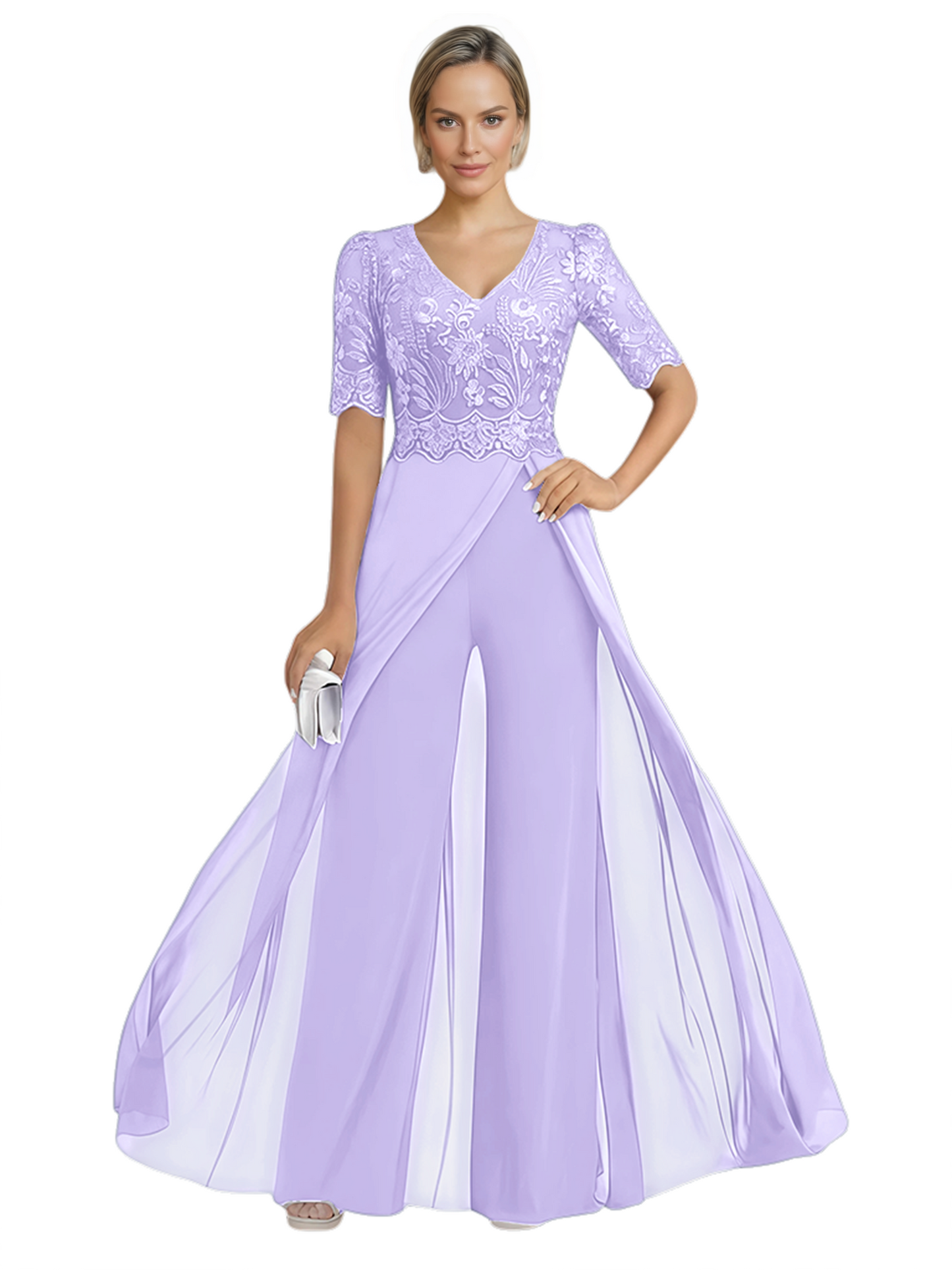 V-Neck Chiffon Mother of the Brides Jumpsuits Dresses Floor Length A-Line Lace