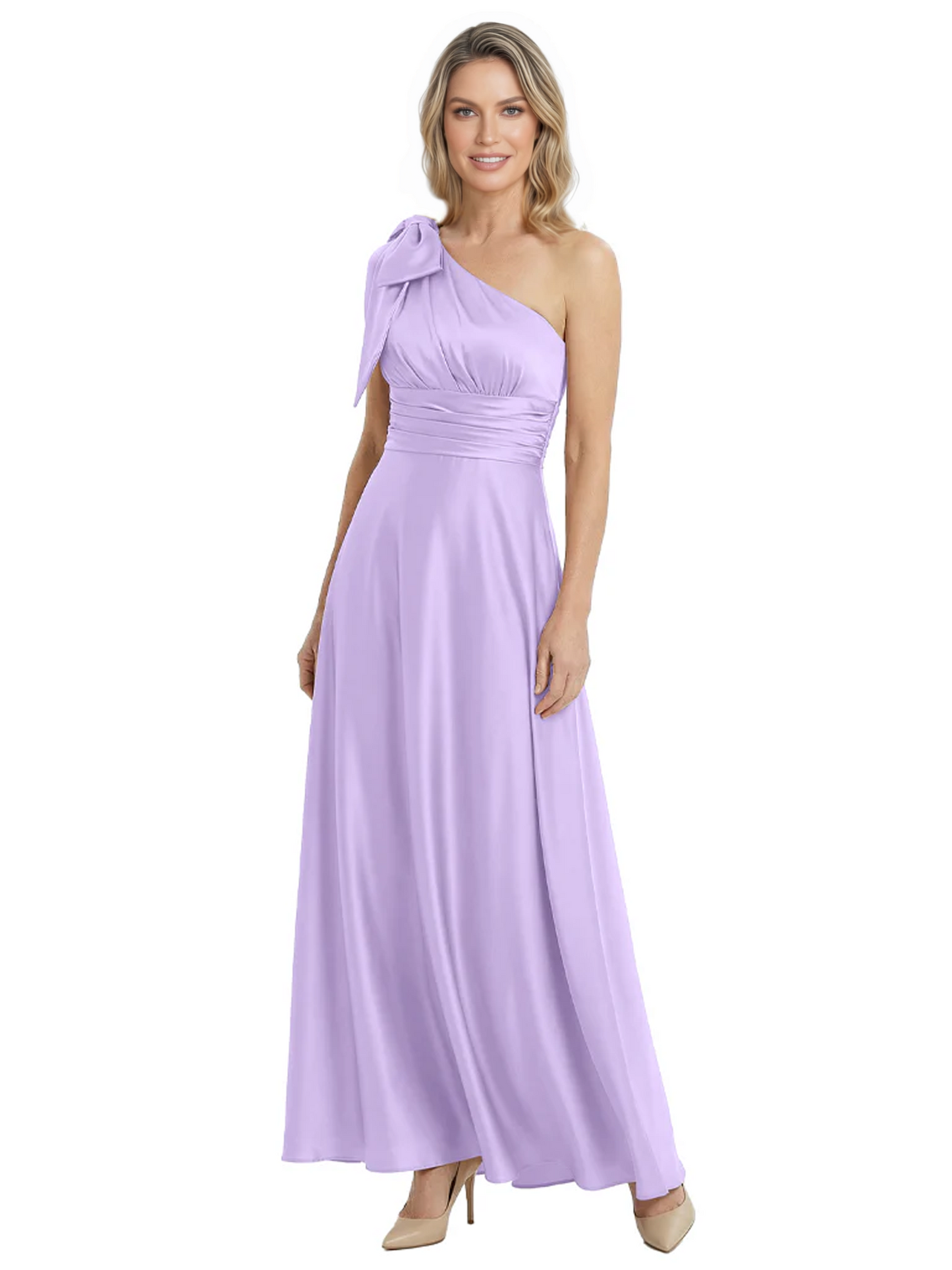 One-Shoulder Mother of the Bride Dress Satin Gown with Bow Ruched Empire Waist