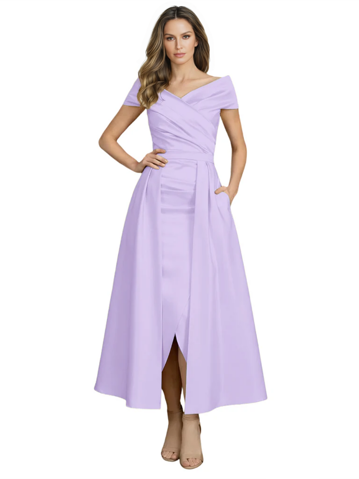 Formal Floor-Length Mother of the Bride Gown Satin Maxi Dress with Slit Off Shoulder