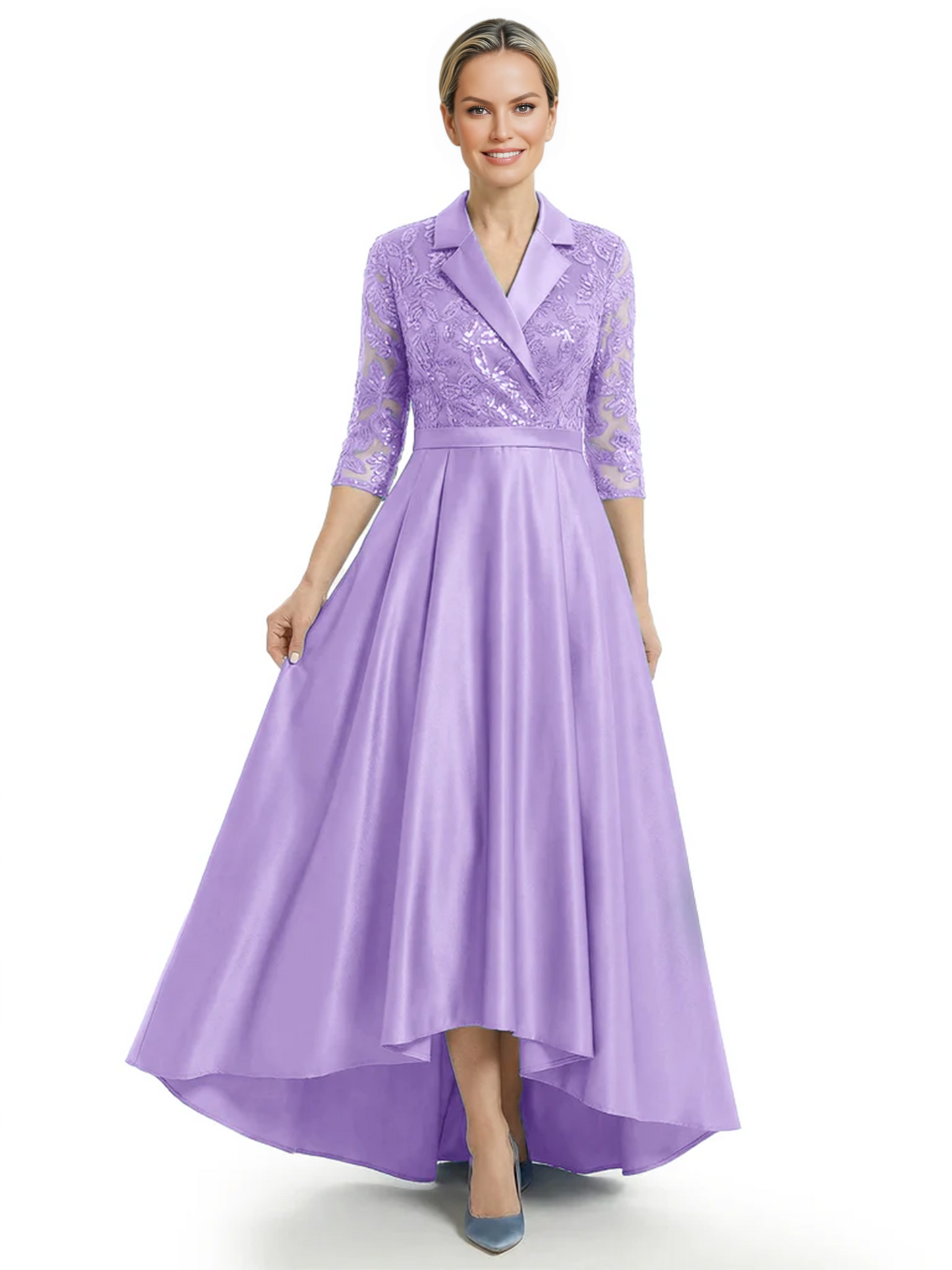 Elegant Mother of Bride Dress Evening Gowns Trending Styles with Lapel Collar 3/4 Sleeves