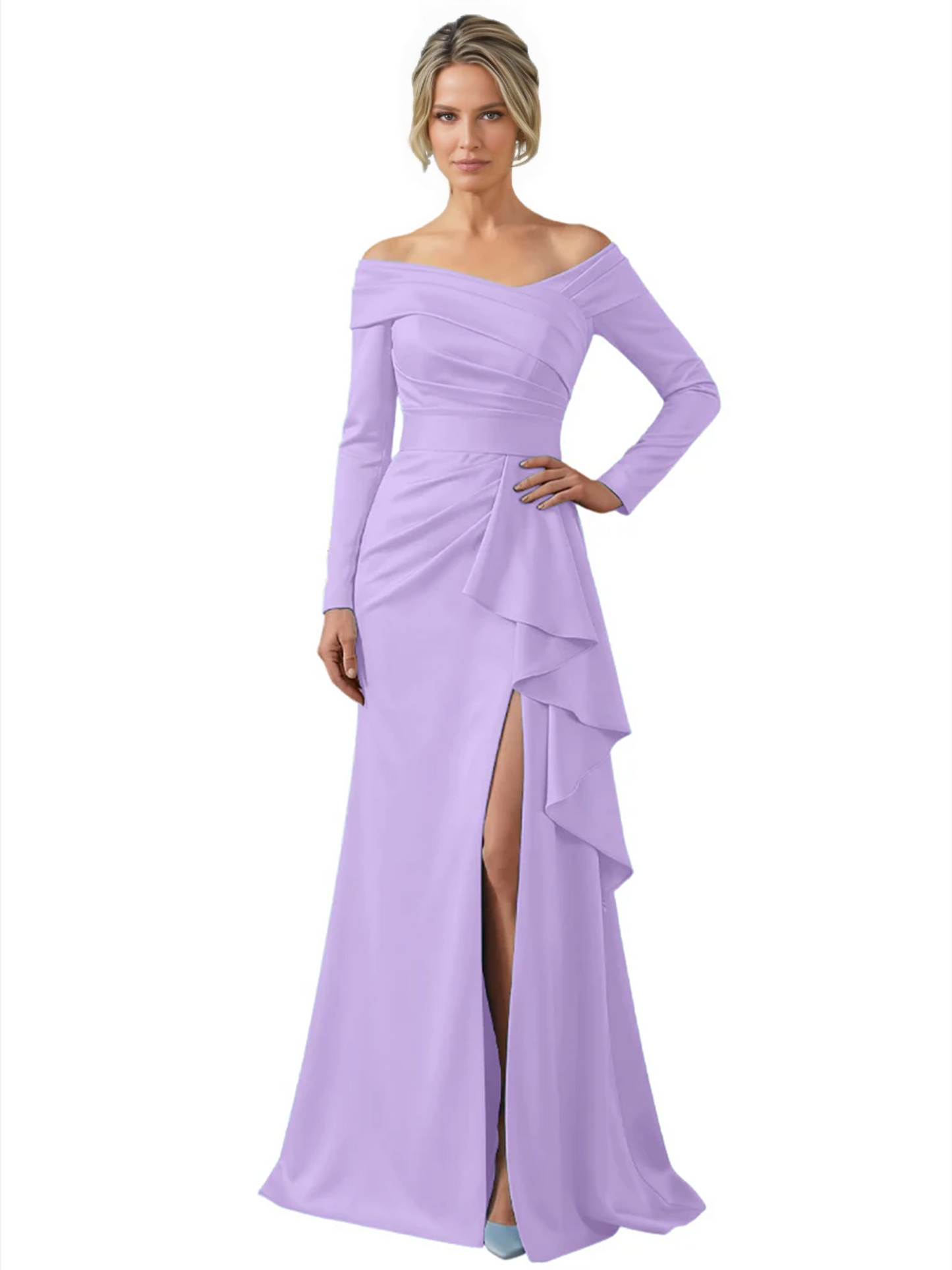 Elegant Mother of the Groom Dress Cascading Ruffle Satin Gown with High Slit Long Sleeves