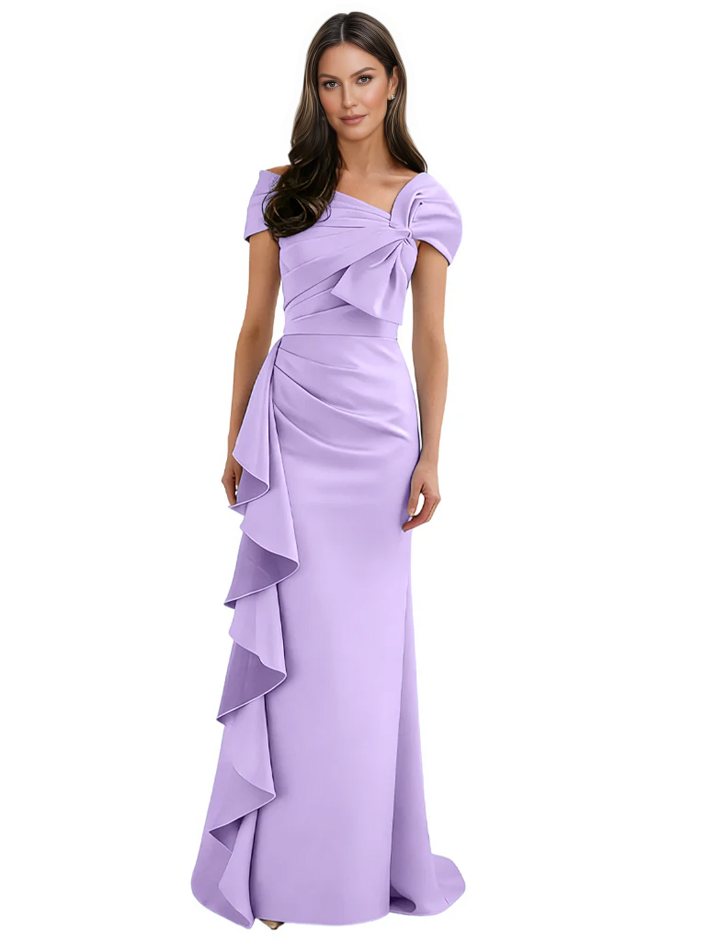 Elegant Mother of Bride Dress Formal Gowns Mermaid Ruffle Floor Length Asymmetric Neckline