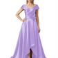 Off Shoulder Mother of the Bride Dress High-Low Satin Gown with Portrait Neckline