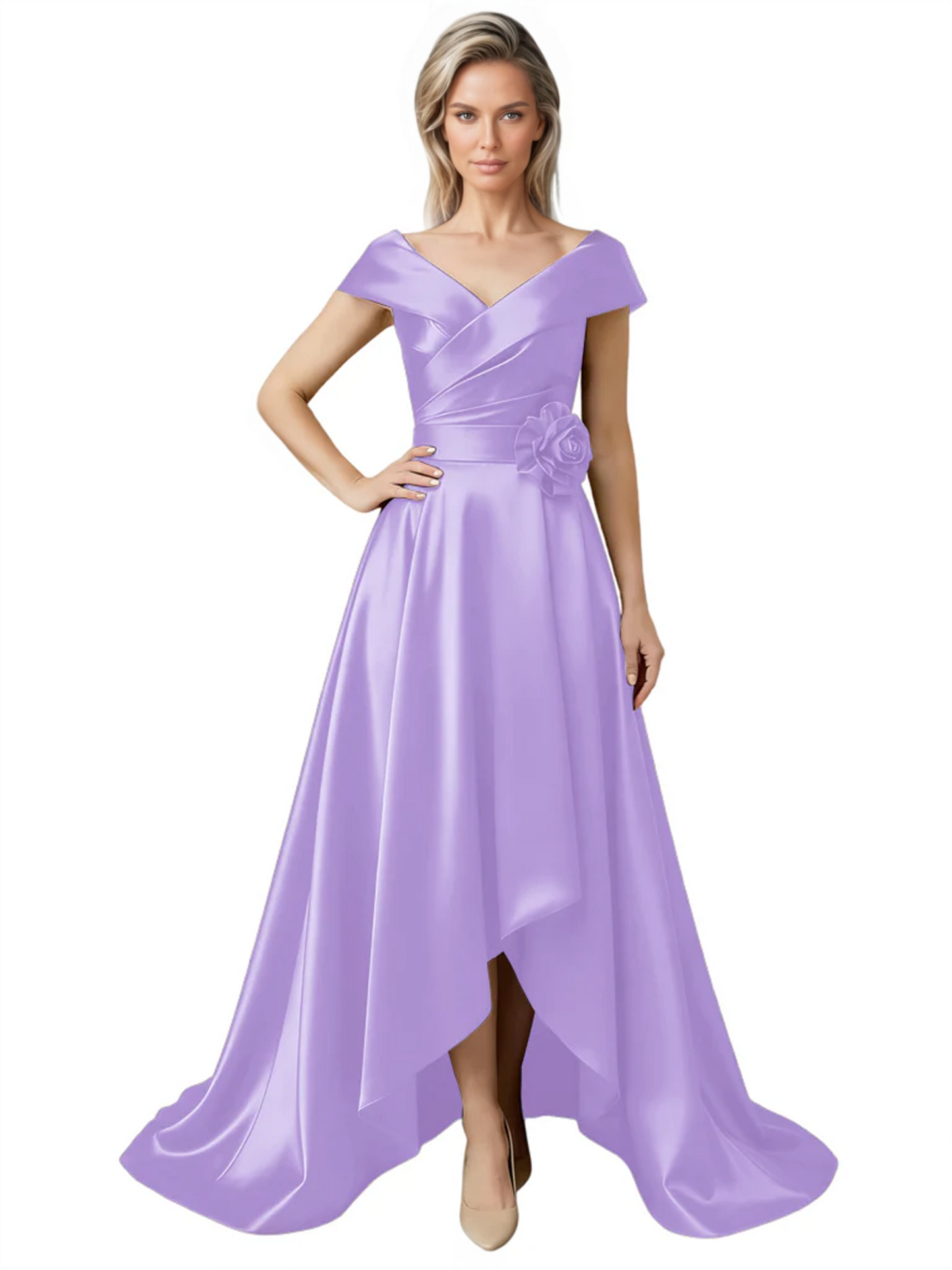 Off Shoulder Mother of the Bride Dress High-Low Satin Gown with Portrait Neckline