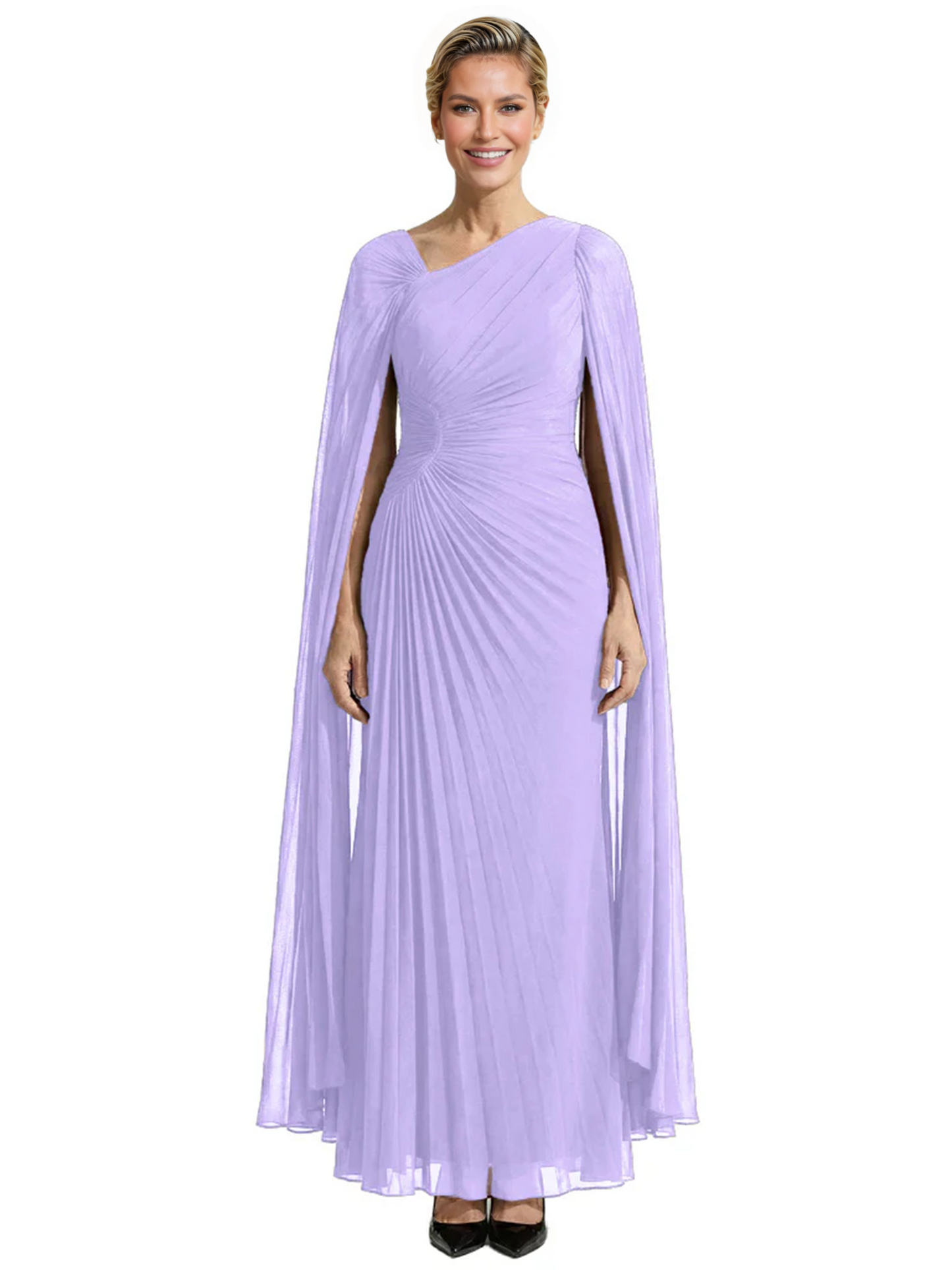 Elegant Asymmetric Neck Long A-Line Chiffon Mother of the Brides Dresses Mom Outfit with Cape