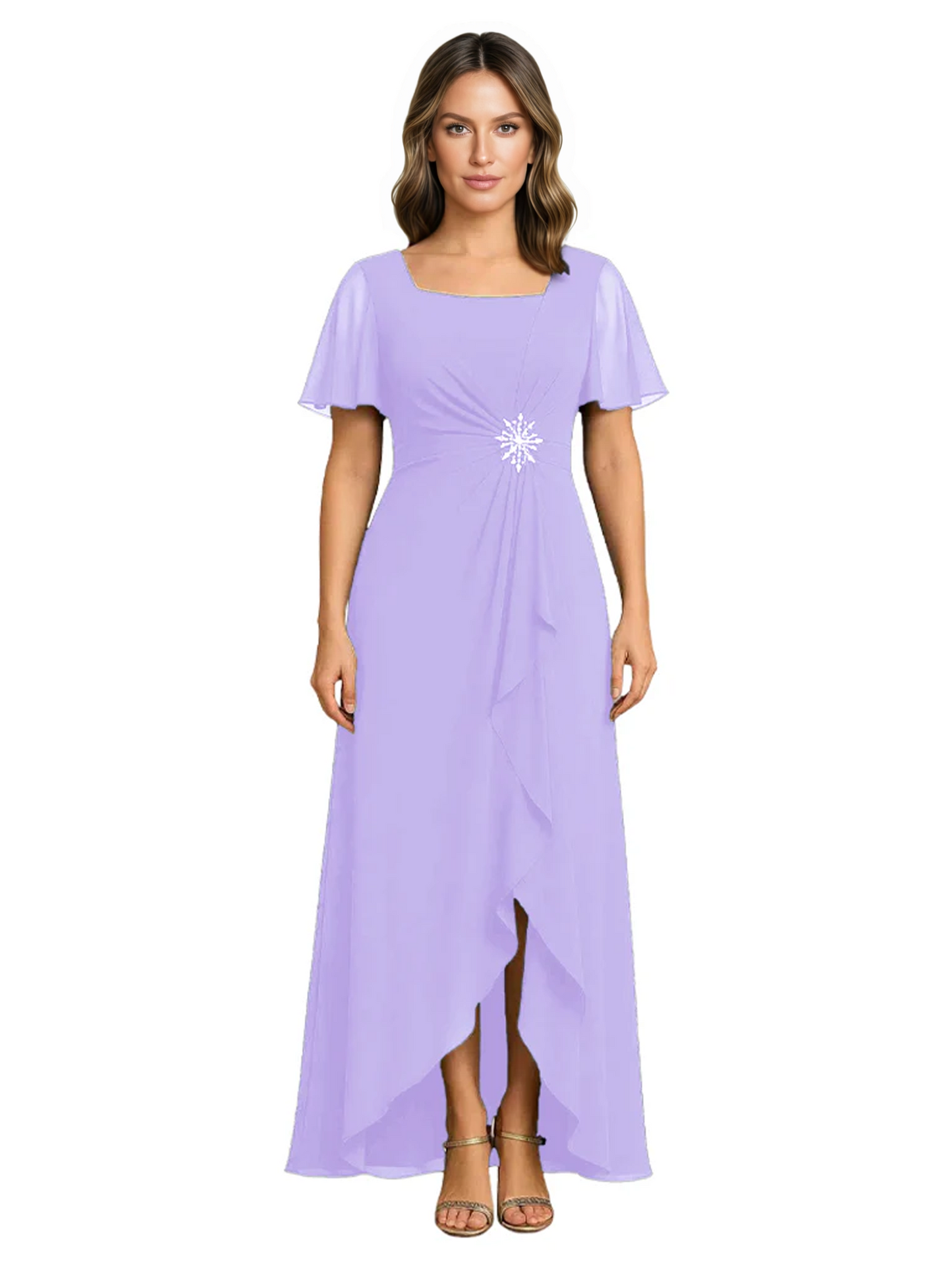Formal High-Low Mother of the Bride Gown Sleeved Chiffon Maxi Dress Ruched Waist