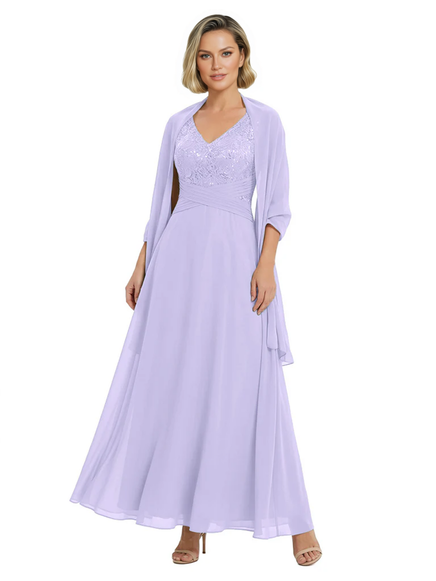 Luxury Formal Mother of Bride Dress Sparkling Sequin Top & Flowy Chiffon Skirt with Shawl