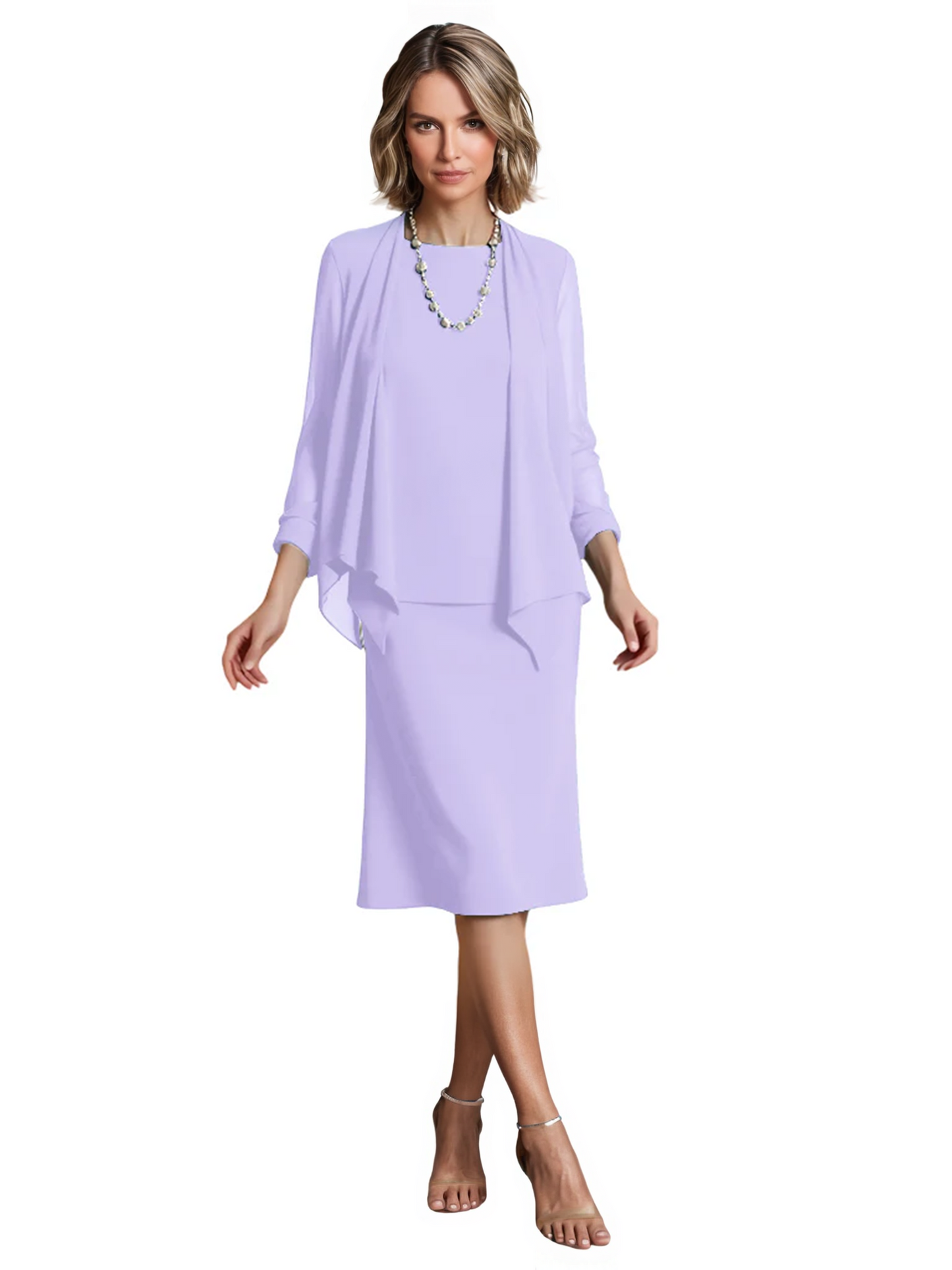 3 PCS Knee-Length Mother of Bride Dresses Prom Dress Evening Dress with Sheer Sleeves and Jacket