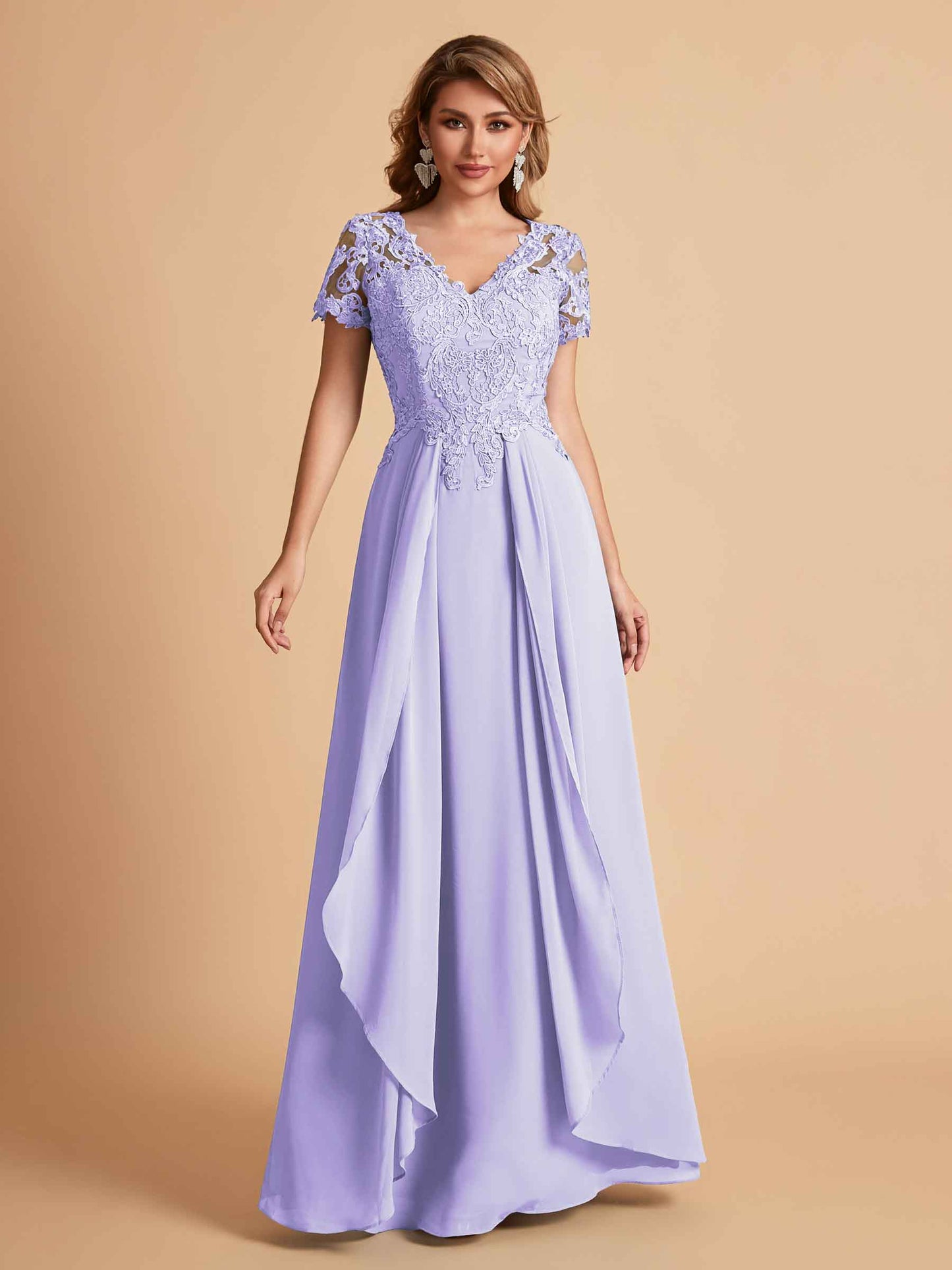 Elegant A-Line Chiffon Short Sleeves V-neck Mother of the Brides Dresses Lace Top MOB Dresses