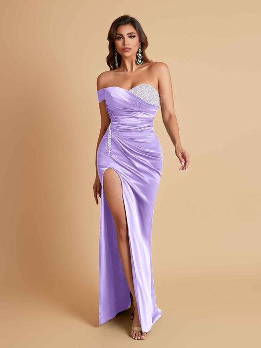 Sexy Soft Satin Mermaid One Shoulder Side Slit Floor-Length Mermaid Bridesmaid Dresses