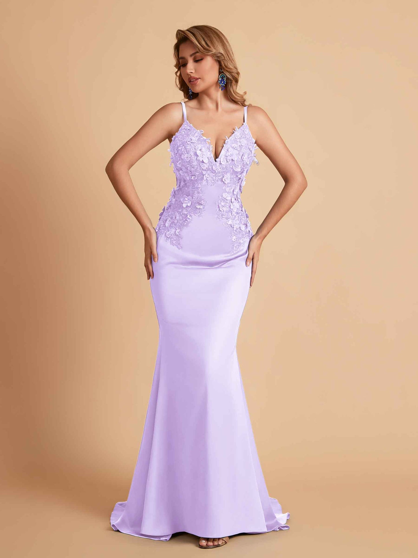 Sexy Satin Spaghetti Straps V-neck Mermaid Floor Length Applique Bridesmaid Dresses