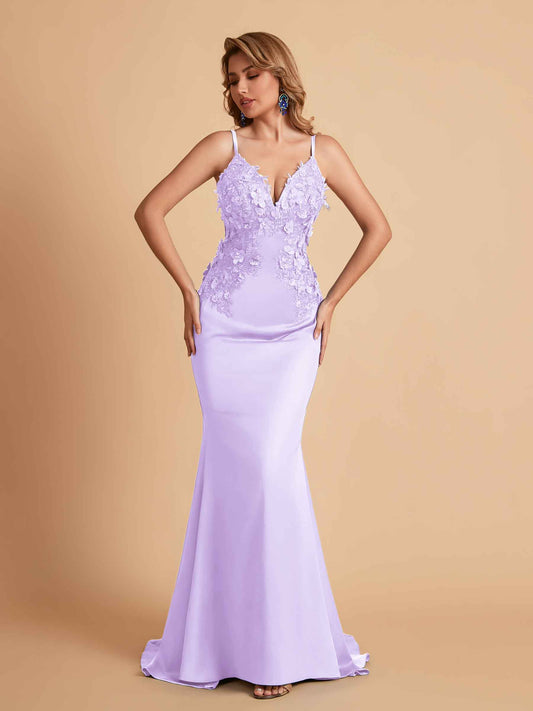Sexy Satin Spaghetti Straps V-neck Mermaid Floor Length Applique Bridesmaid Dresses
