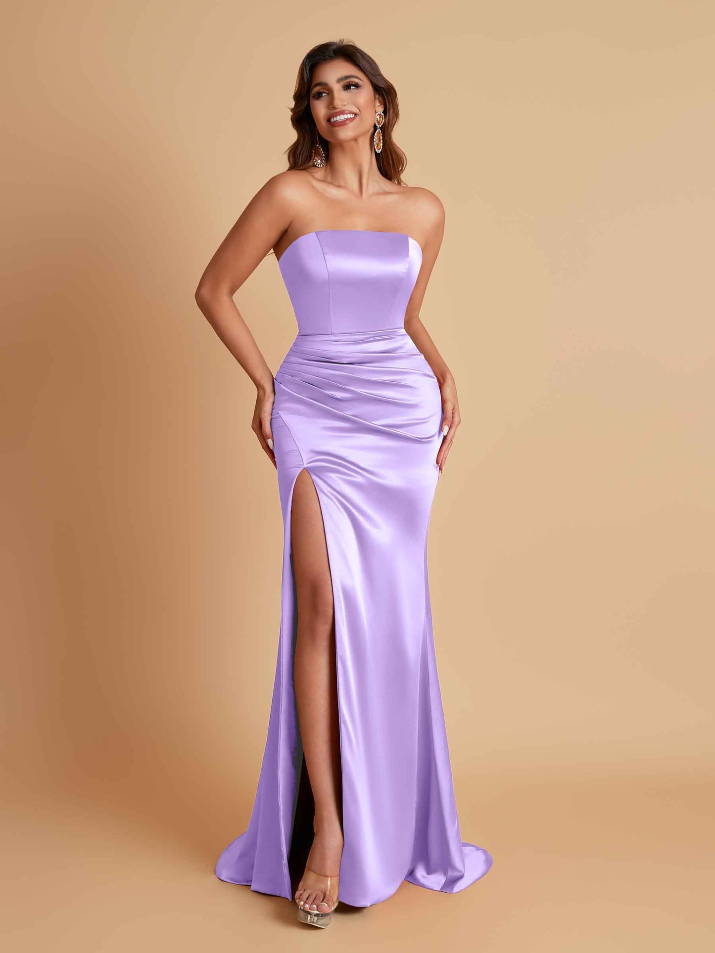 Elegant Soft Satin Strapless Split Side Mermaid Bridesmaid Dresses