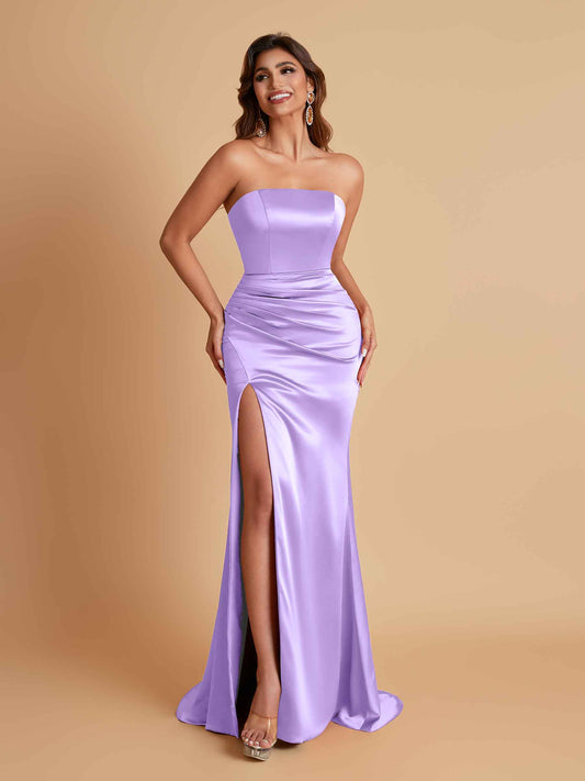 Elegant Soft Satin Strapless Split Side Mermaid Bridesmaid Dresses