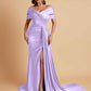 Elegant Soft Satin V-neck Off-the-Shoulder Side-Slit Mermaid Bridesmaid Dresses