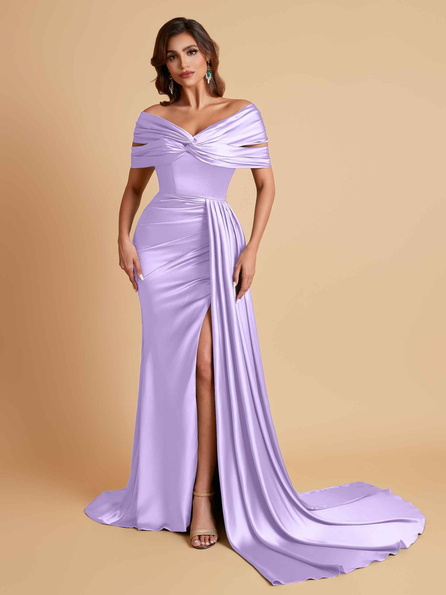 Elegant Soft Satin V-neck Off-the-Shoulder Side-Slit Mermaid Bridesmaid Dresses
