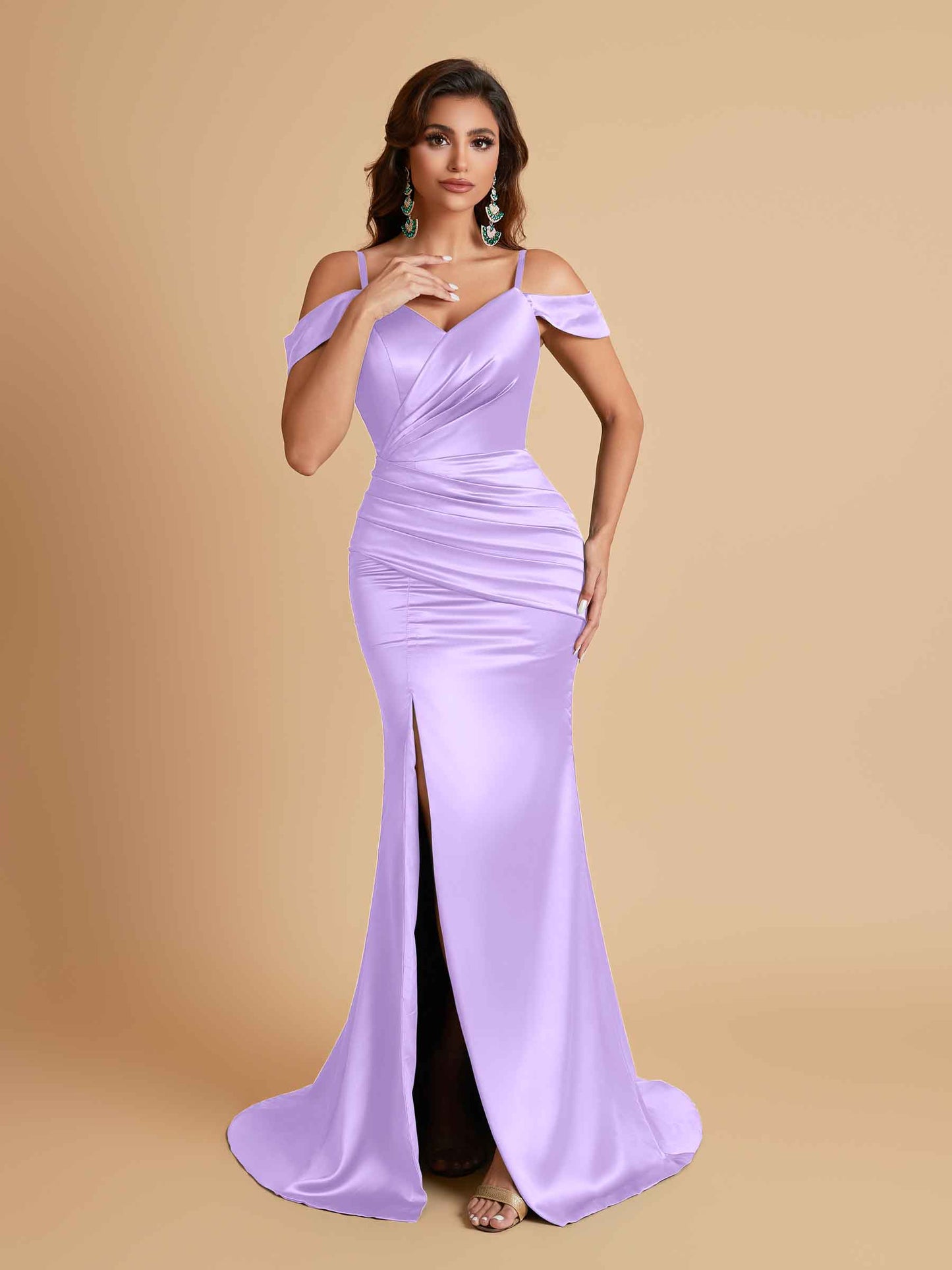 Sexy Soft Satin Mermaid Off Shoulder Side Slit Floor-Length Mermaid Bridesmaid Dresses