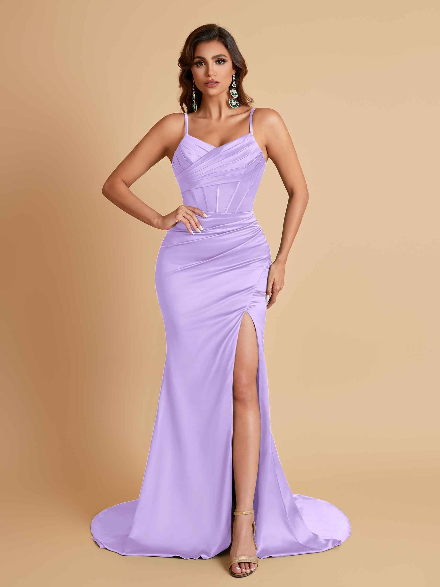 Sexy Spaghetti Straps V Neck Soft Satin Side Slit Floor-Length Mermaid Bridesmaid Dresses
