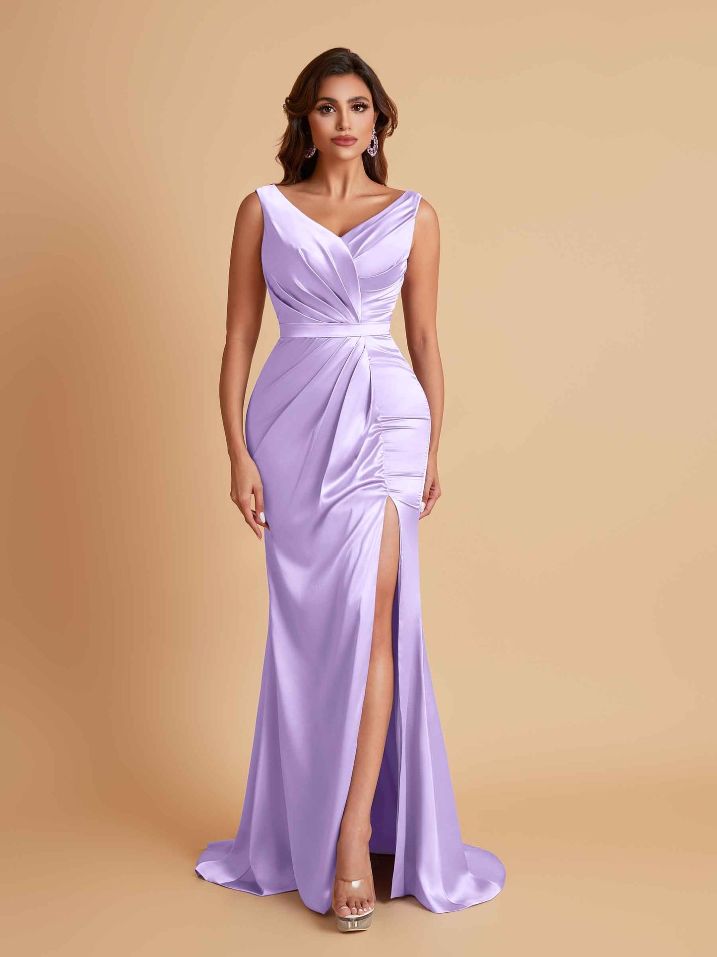 Elegant V Neck Soft Satin Side Slit Floor-Length Mermaid Bridesmaid Dresses