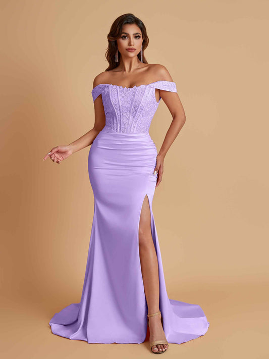 Elegant Soft Satin Mermaid Off Shoulder Side Slit Floor-Length Mermaid Bridesmaid Dresses