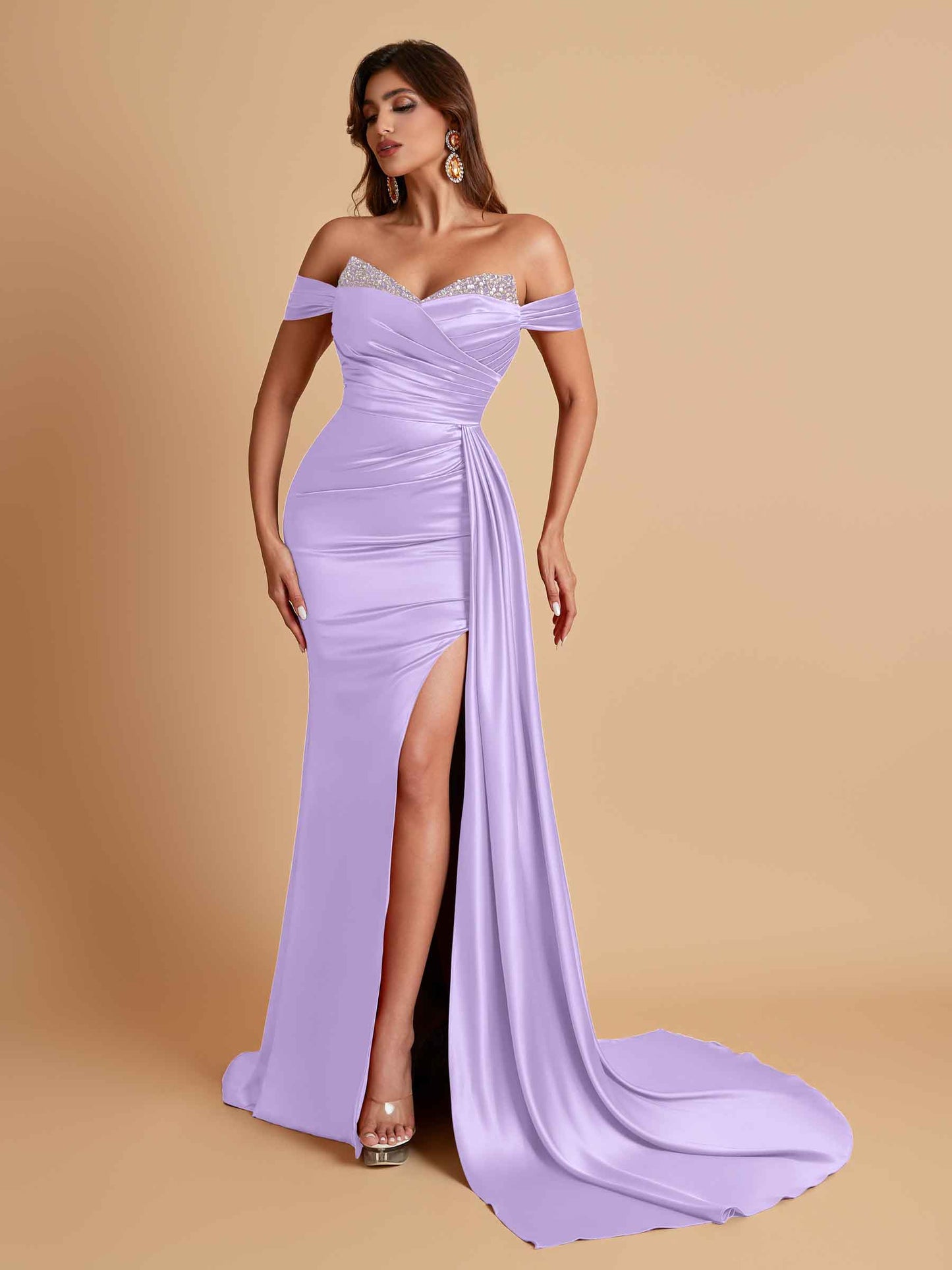 Gorgeous Soft Satin V-neck Off-the-Shoulder Side-Slit Mermaid Bridesmaid Dresses