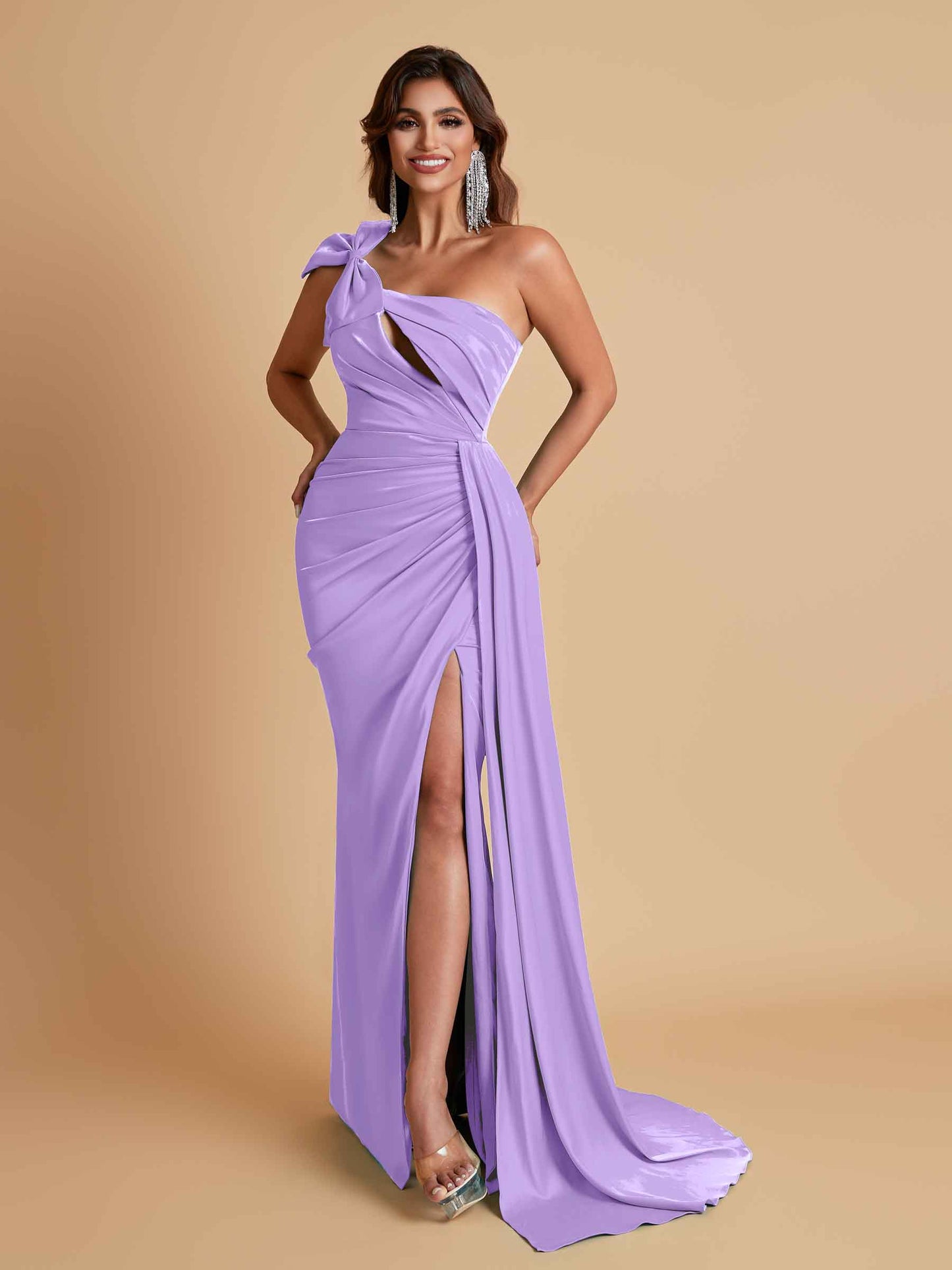 Gorgeous One Shoulder Bow Knot Soft Satin Side Slit Floor-Length Mermaid Bridesmaid Dresses