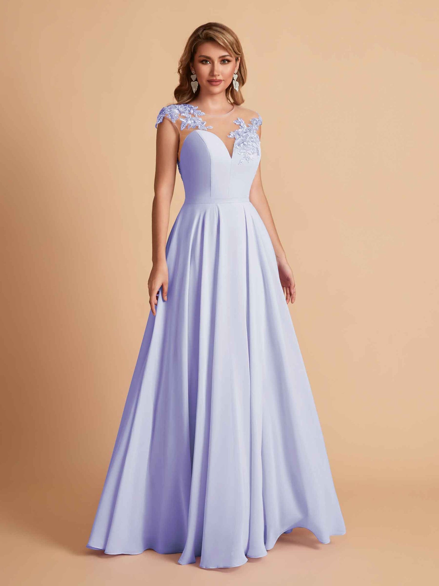 Chiffon Illusion Lace Top A-line Bridesmaid Dresses V-neck Floor Length Wedding Guest Dresses