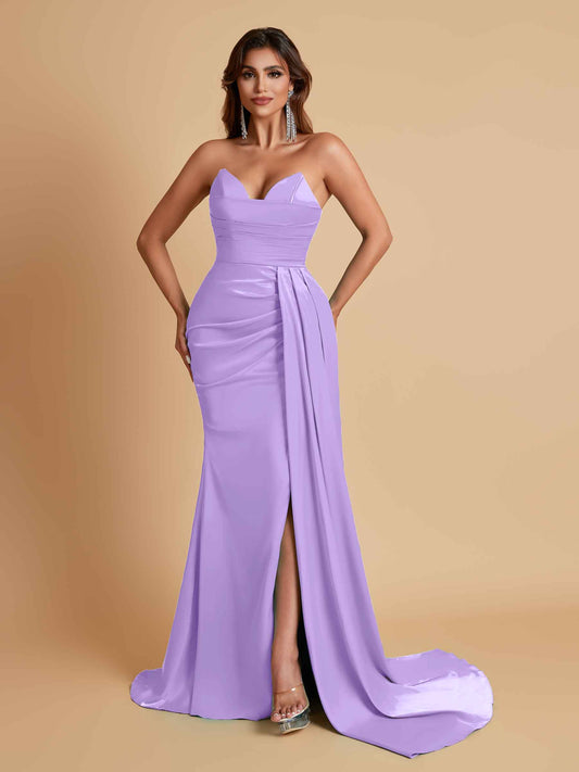 Gorgeous Strapless Soft Satin Side Slit Floor-Length Mermaid Bridesmaid Dresses