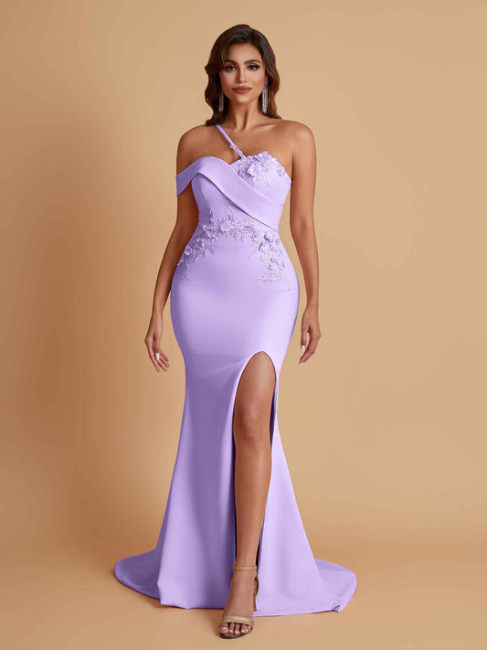 Sexy Soft Satin Mermaid One Shoulder Asymmetrical Side Slit Floor-Length Bridesmaid Dresses