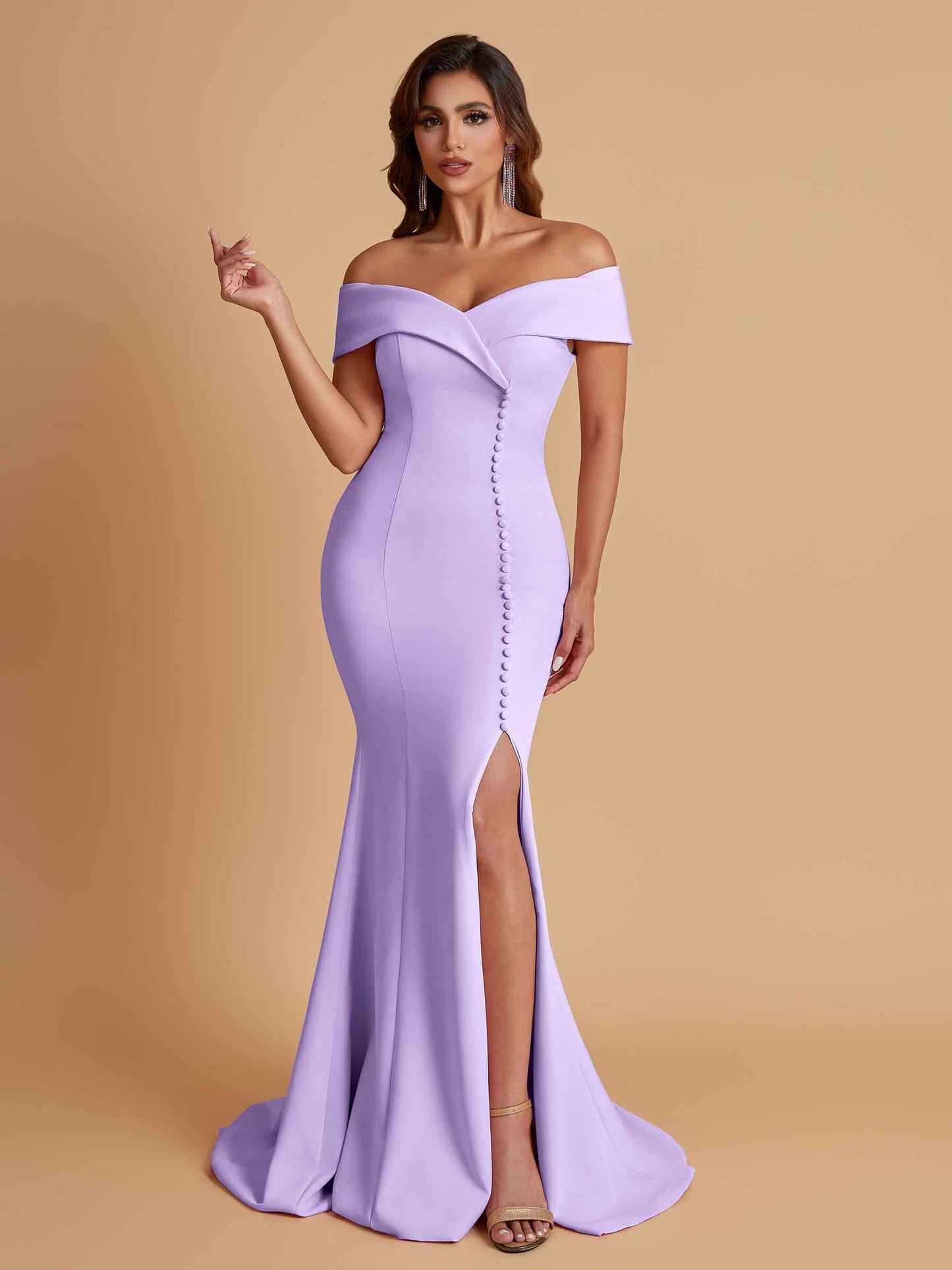 Elegant Soft Satin Mermaid Off Shoulder Side Slit Floor-Length Bridesmaid Dresses