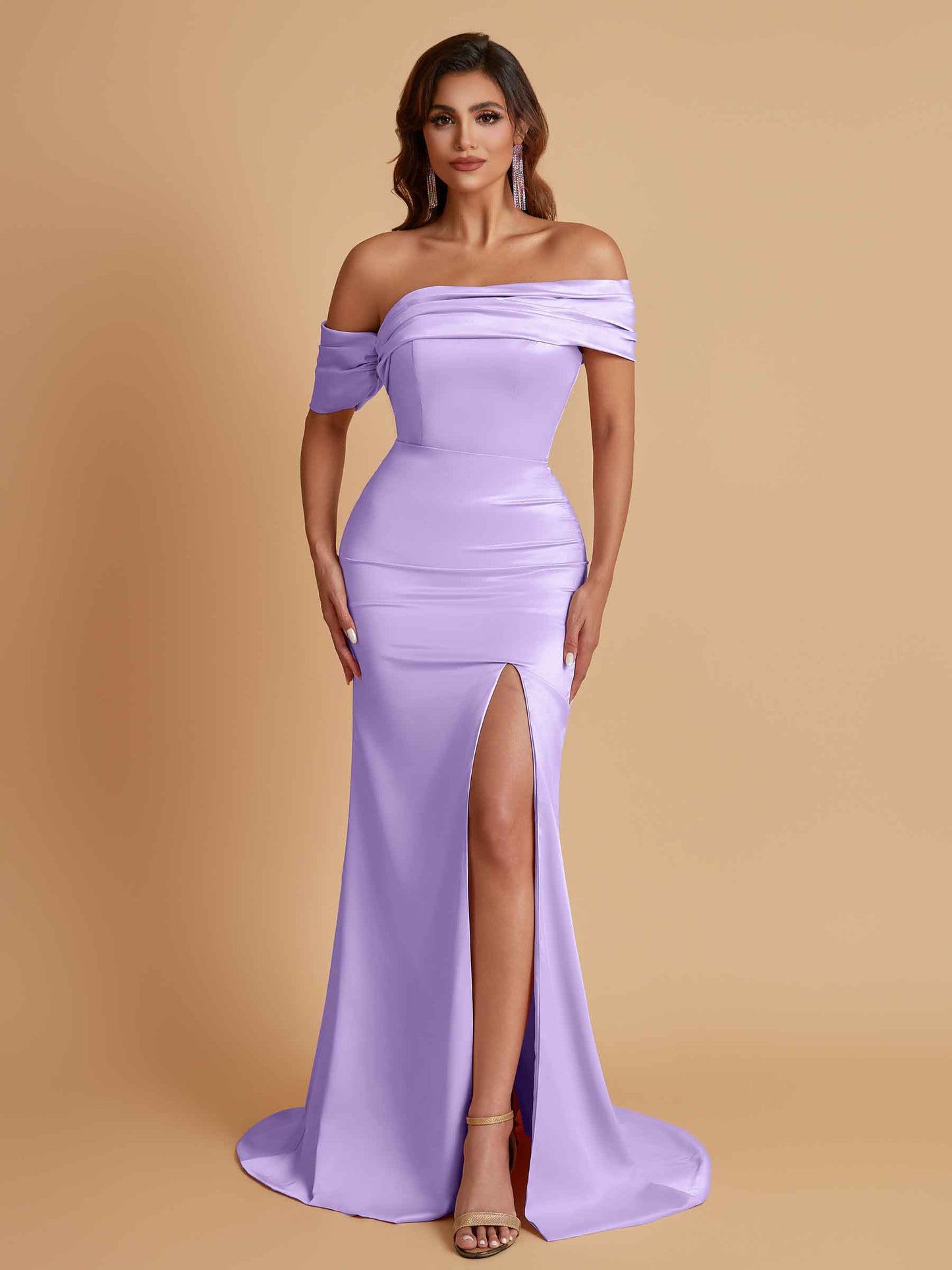 Elegant Soft Satin Mermaid Off Shoulder Asymmetrical Side Slit Floor-Length Bridesmaid Dresses