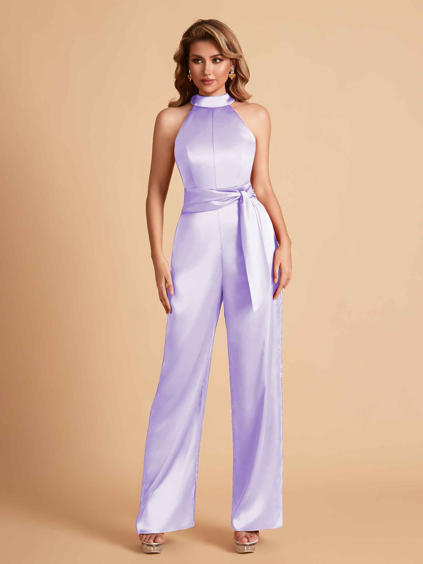 Elegant Satin Halter Sleeveless Satin Floor Length Bridesmaid Jumpsuit