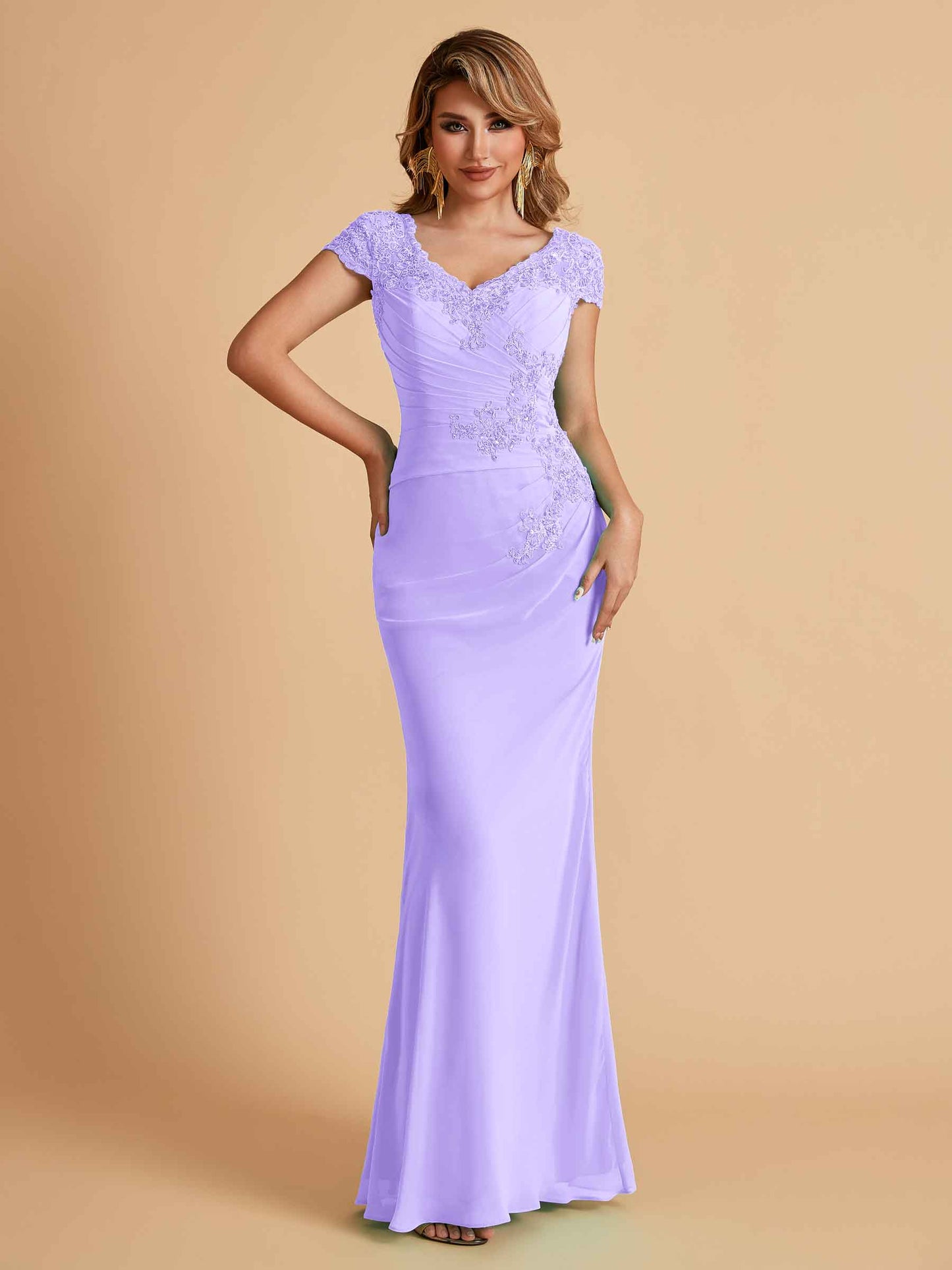 Elegant Mermaid Chiffon Cap Sleeves V-Neck Mother of the Brides Dresses Online