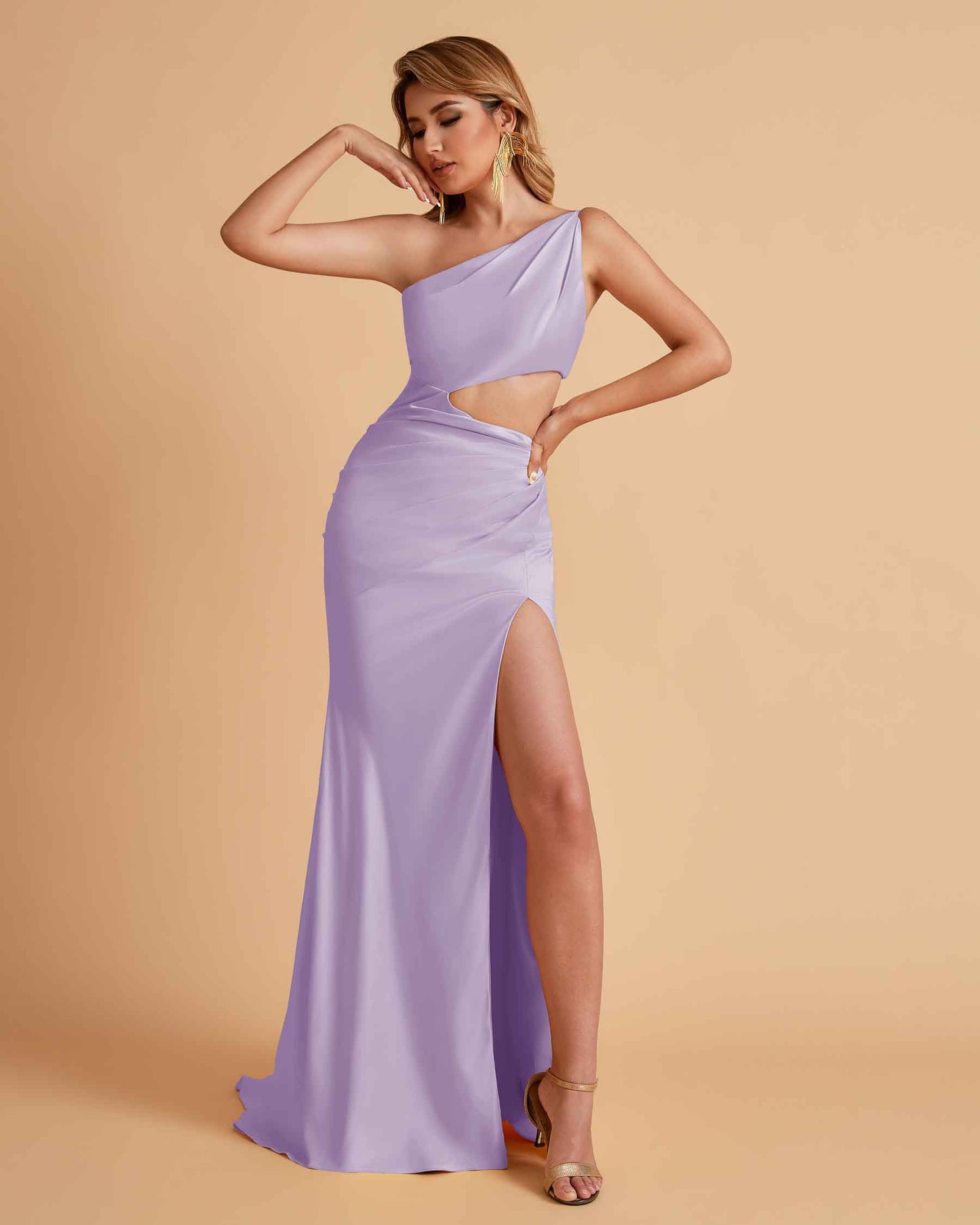 Sexy One-Shoulder Waist Cutout With High Split Floor-Length Bridesmaid Dresses