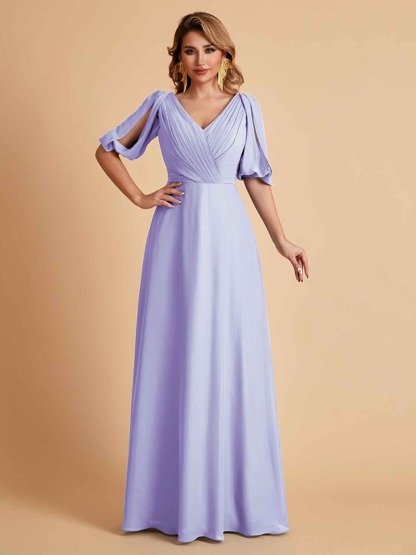 Elegant A-Line Chiffon Half Sleeves V-Neck Mother of the Brides Dresses Online