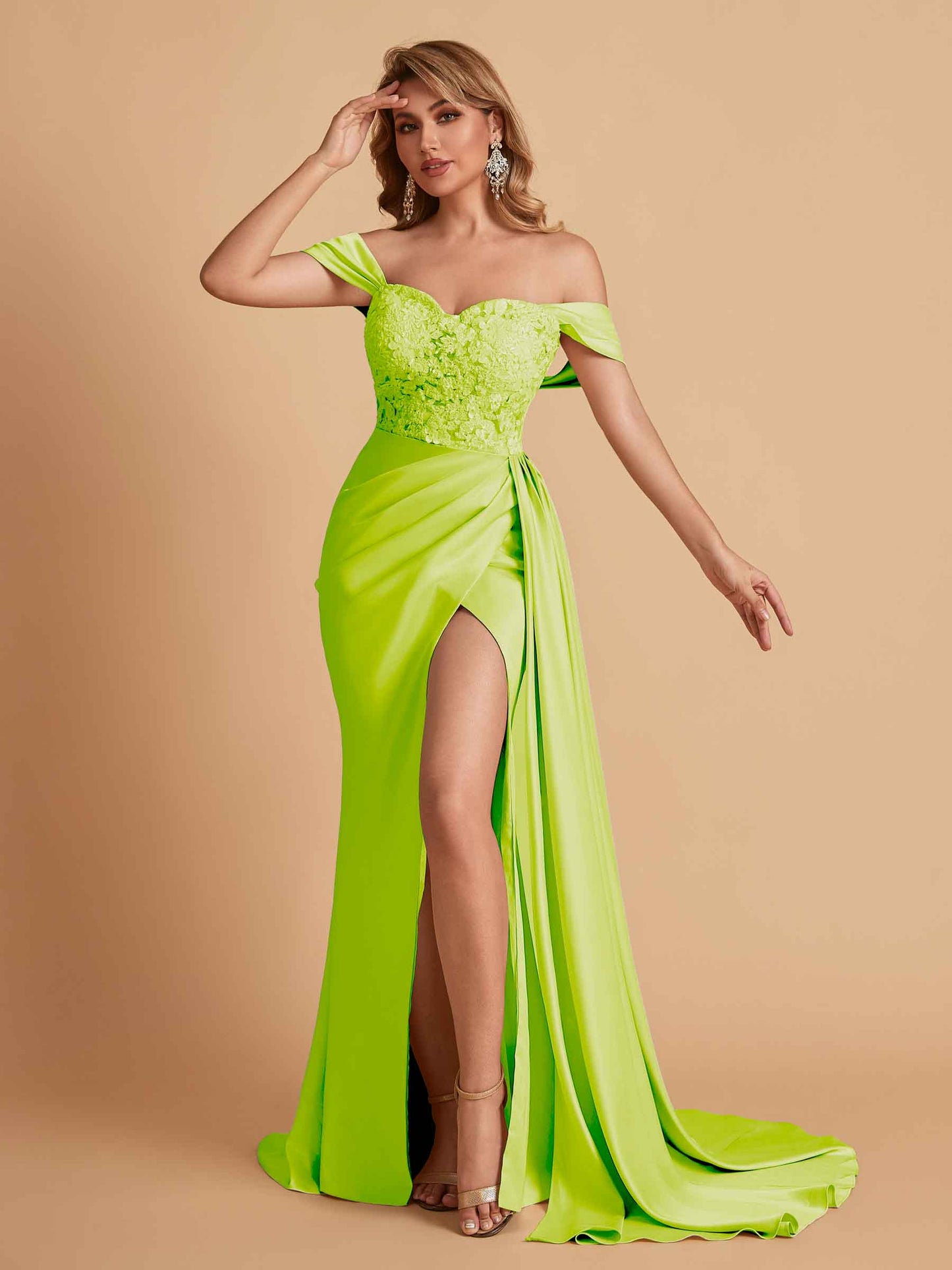 Sexy Satin Mermaid Off Shoulder Lace Side Slit Long Bridesmaid Dresses Online