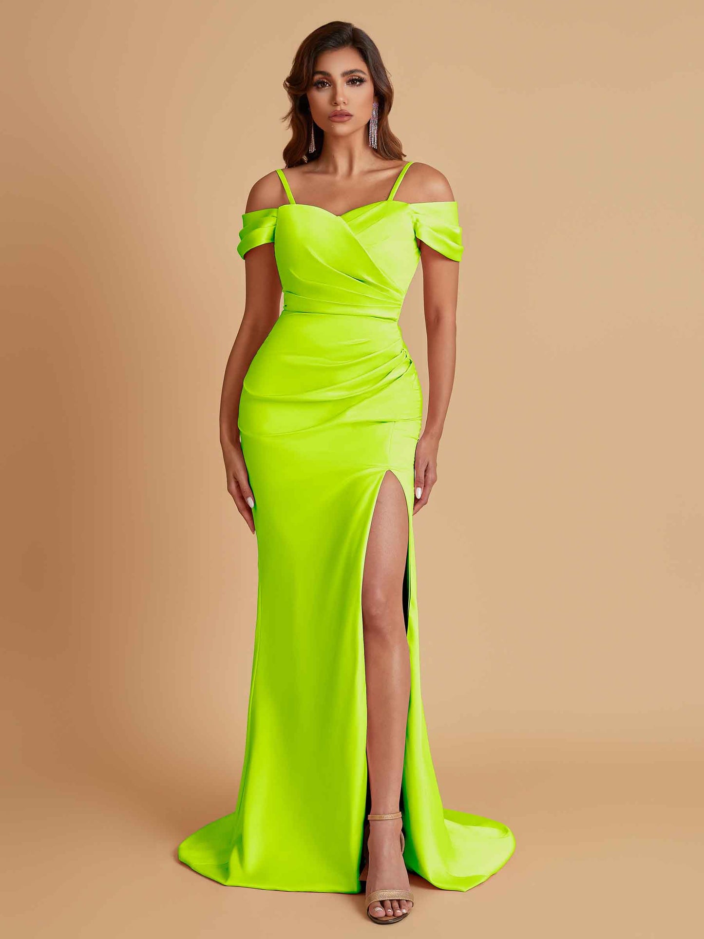 Sexy Soft Satin Mermaid Cold Shoulder Side Slit Floor-Length Bridesmaid Dresses Online