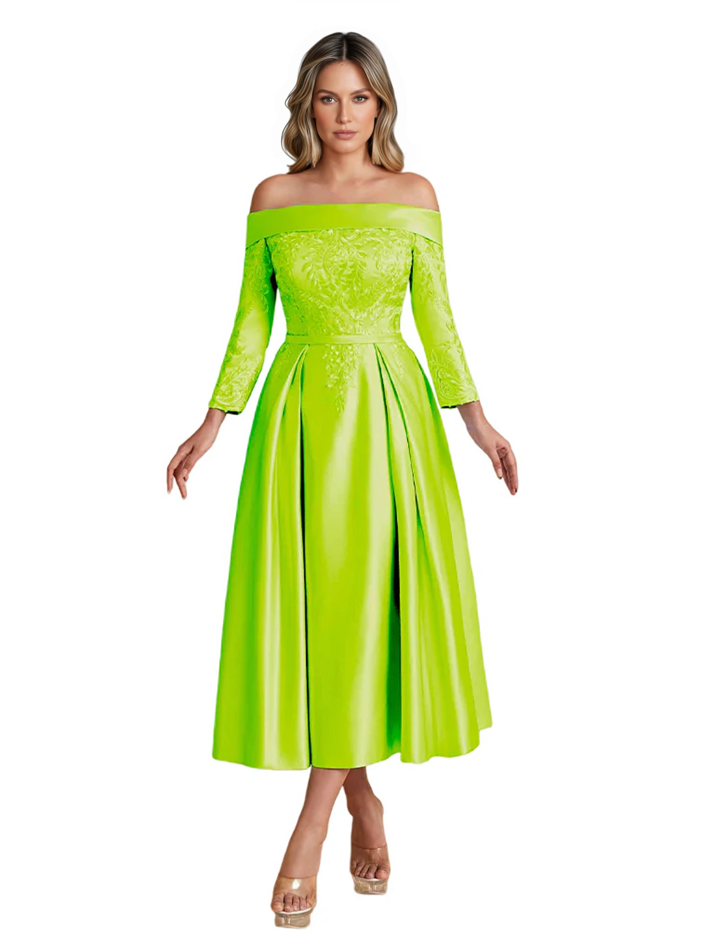 Off Shoulder Mother of the Bride Dress Tea-Length Satin Gown with Lace Applique