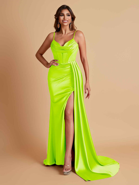 Sexy Soft Satin V-neck Spaghetti Strap Side-Slit Mermaid Bridesmaid Dresses