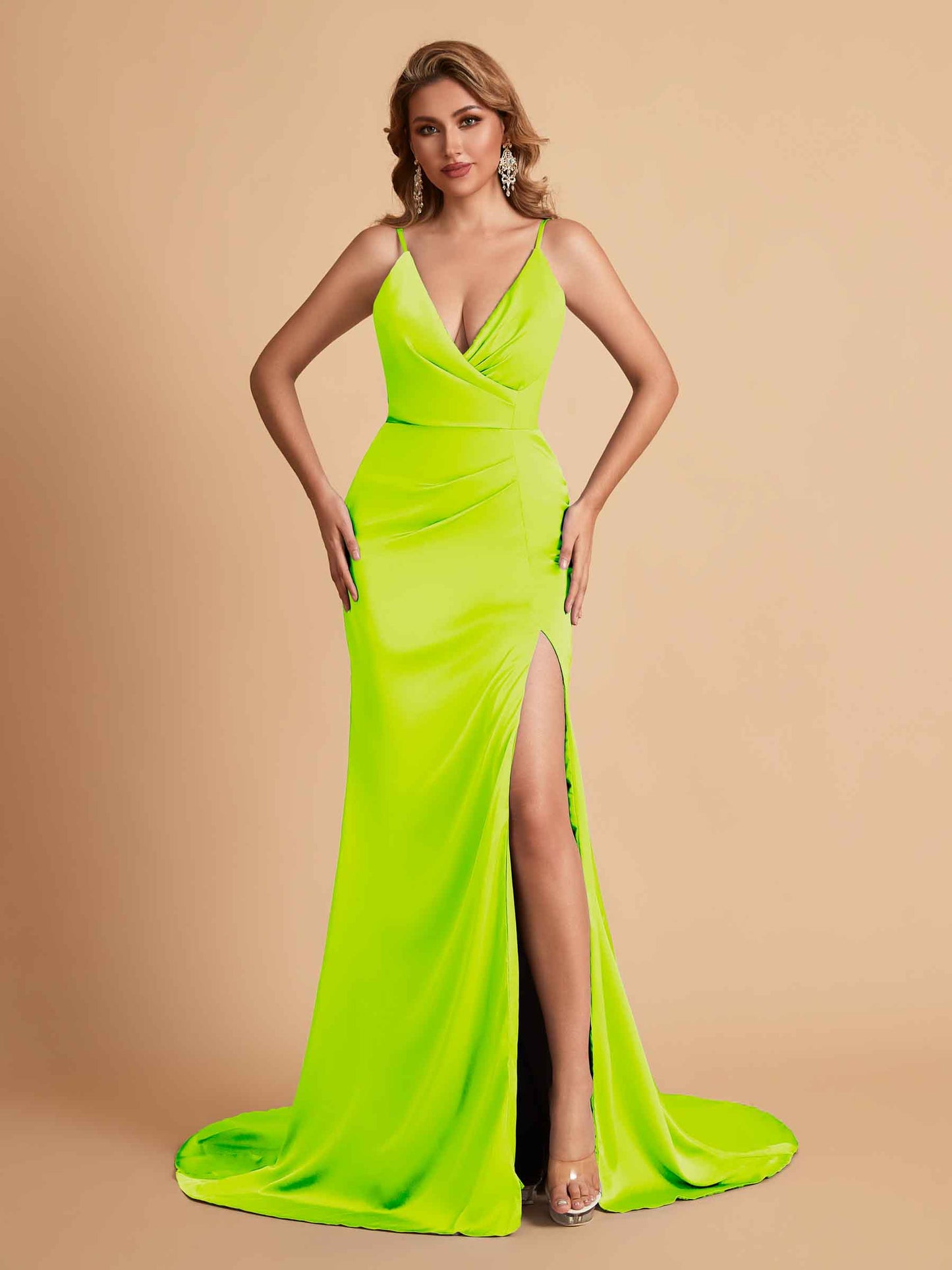 Elegant Satin Spaghetti Straps V-Neck Mermaid Side Slit Floor Length Bridesmaid Dresses