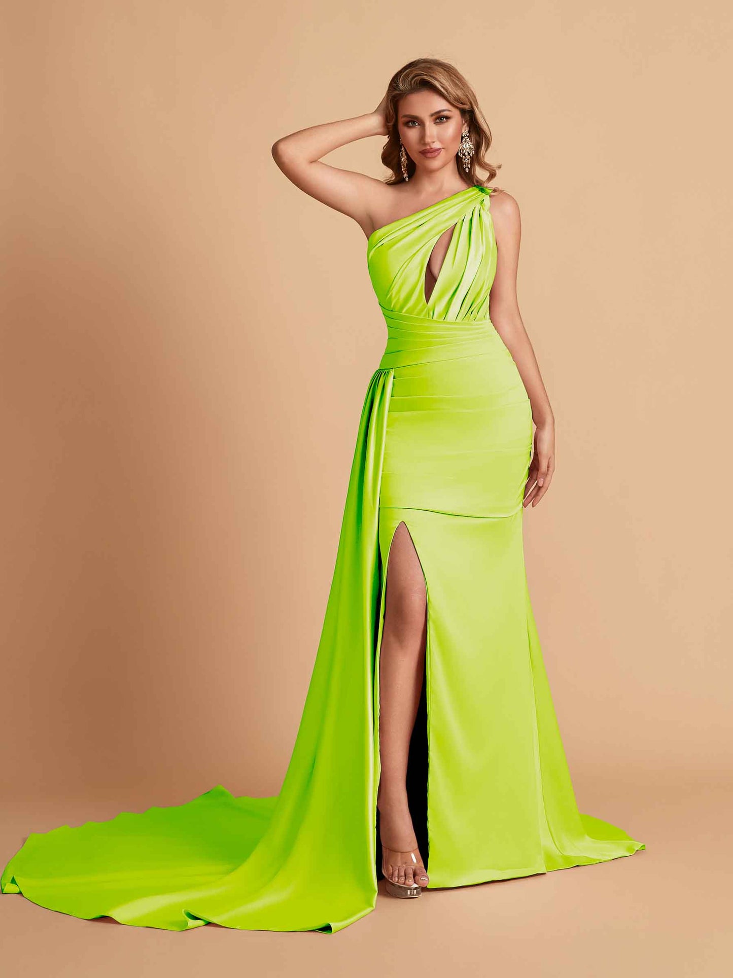 Sexy Satin Mermaid One Shoulder Side Slit Long Bridesmaid Dresses